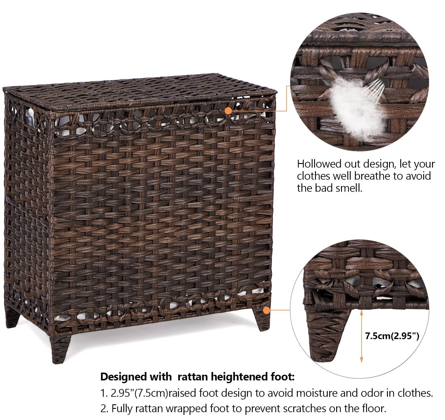 Brown Rectangular Wicker Laundry Hamper with Lid and Liners