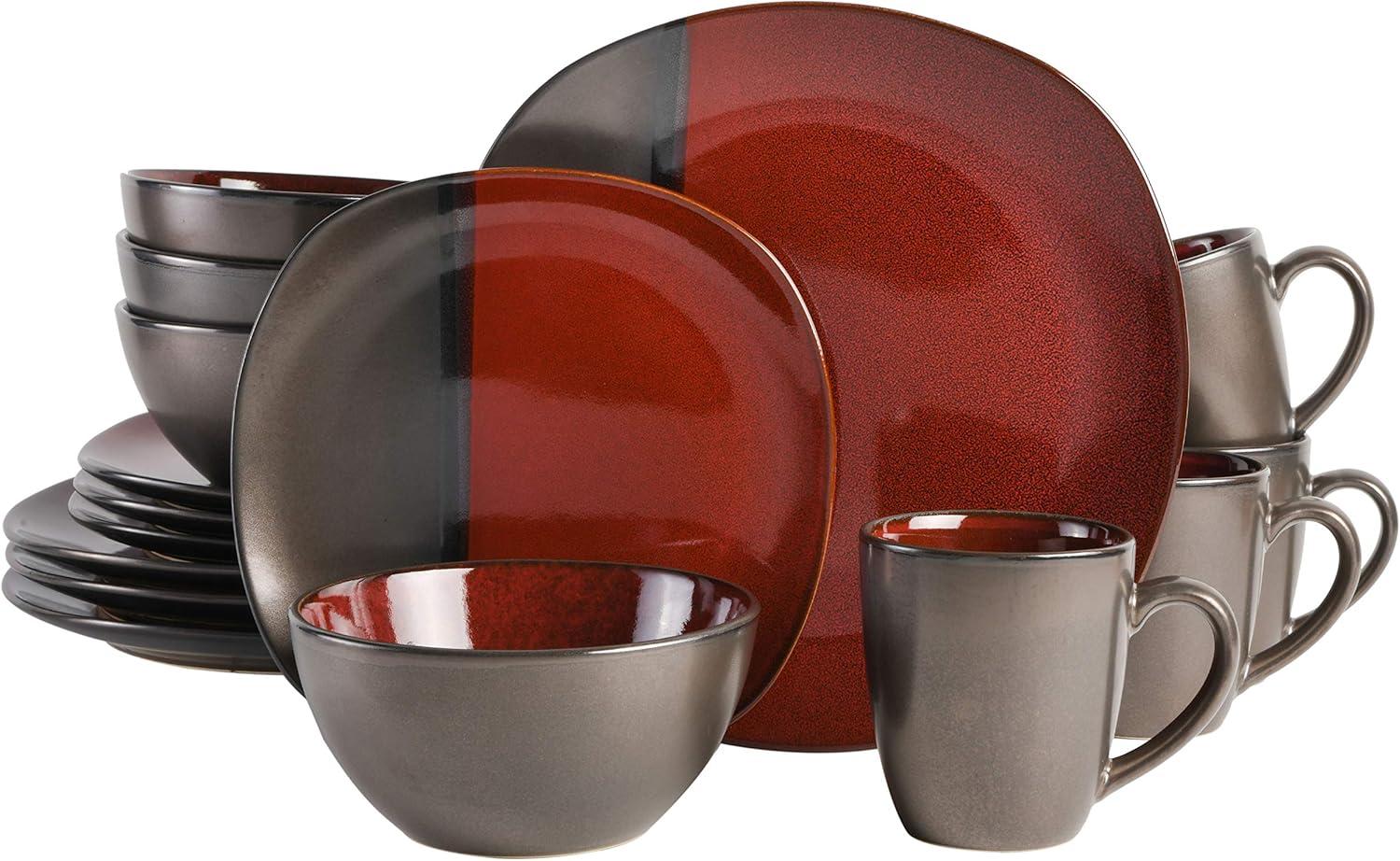 Gibson Elite Volterra 16 Piece Soft Square Stoneware Dinnerware Set in Red and Metallic Gray