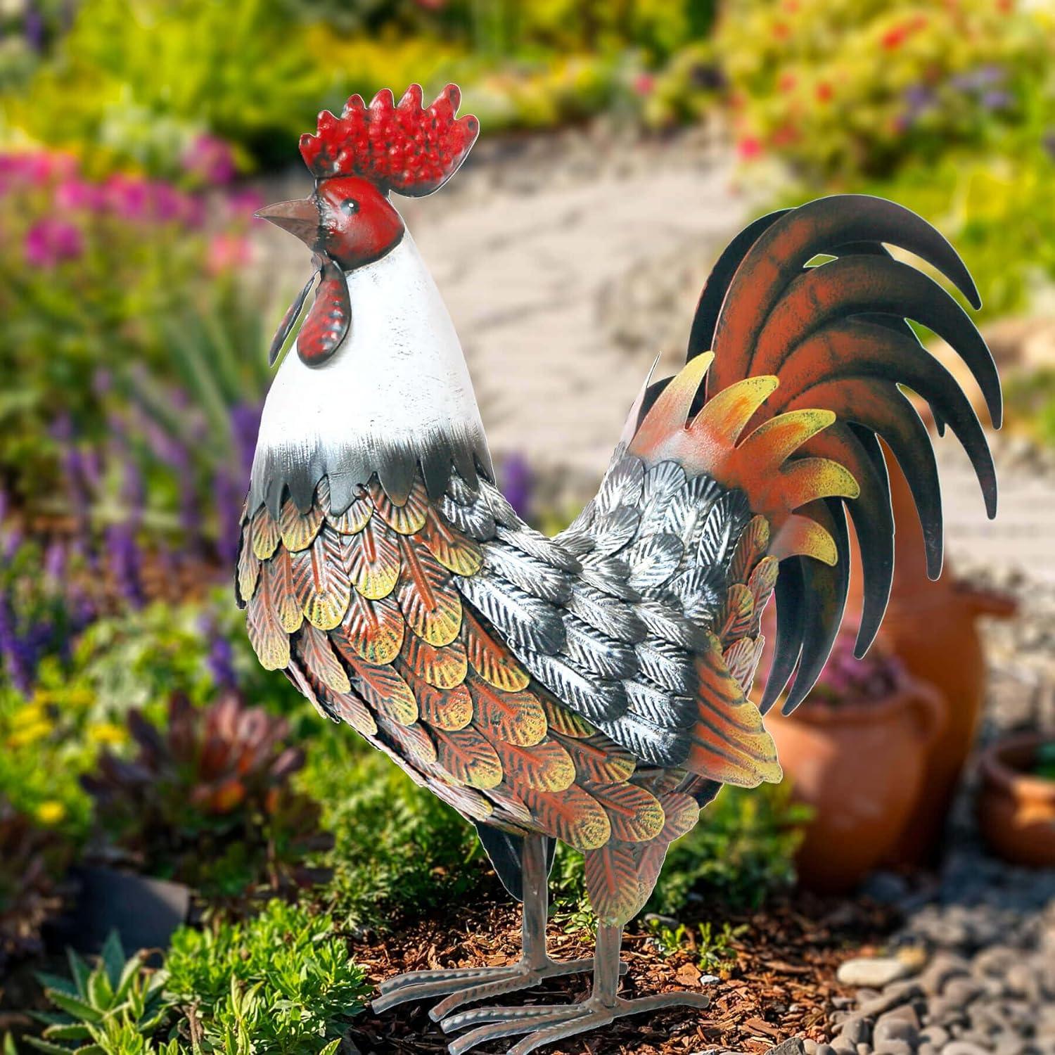 Hand-Painted Metal Rooster Garden Sculpture, 14" Tall