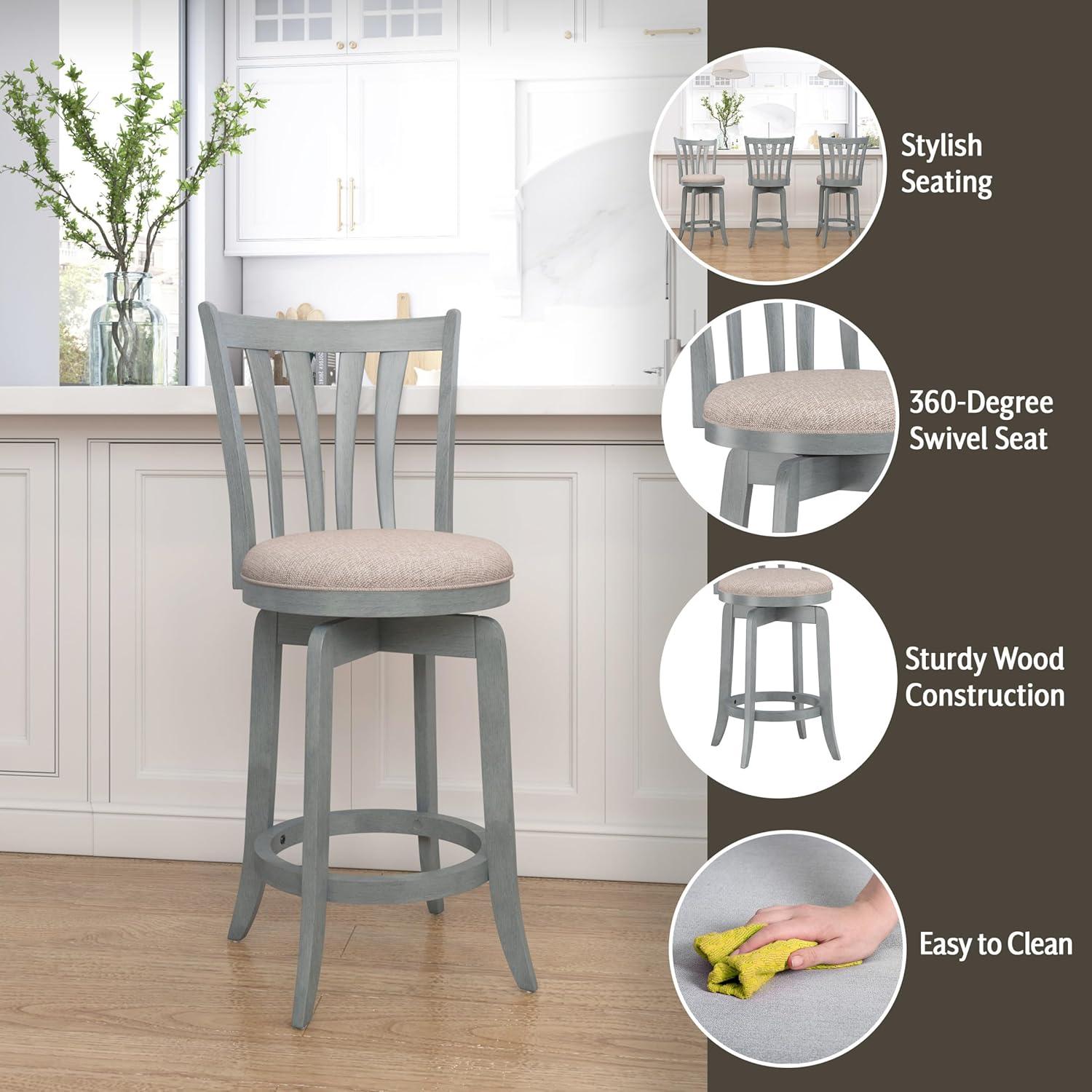 Hillsdale Furniture 25.75" Savana Swivel Counter Height Barstool Blue (Wirebrush)/Cream : Upholstered, Wood Legs, 250lb Capacity