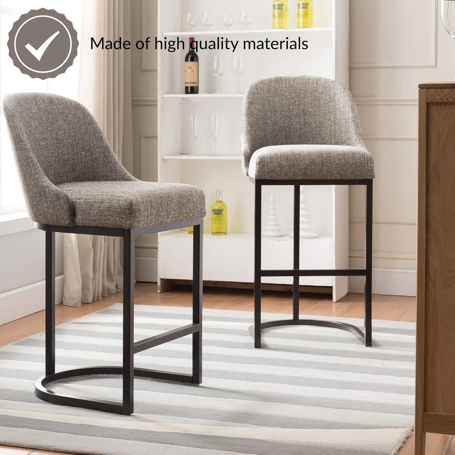 Leick Home Set of 2 Barrelback Counter Height Barstool with Metal Base Espresso/Gray Linen: Upholstered, Steel Legs, Modern Style