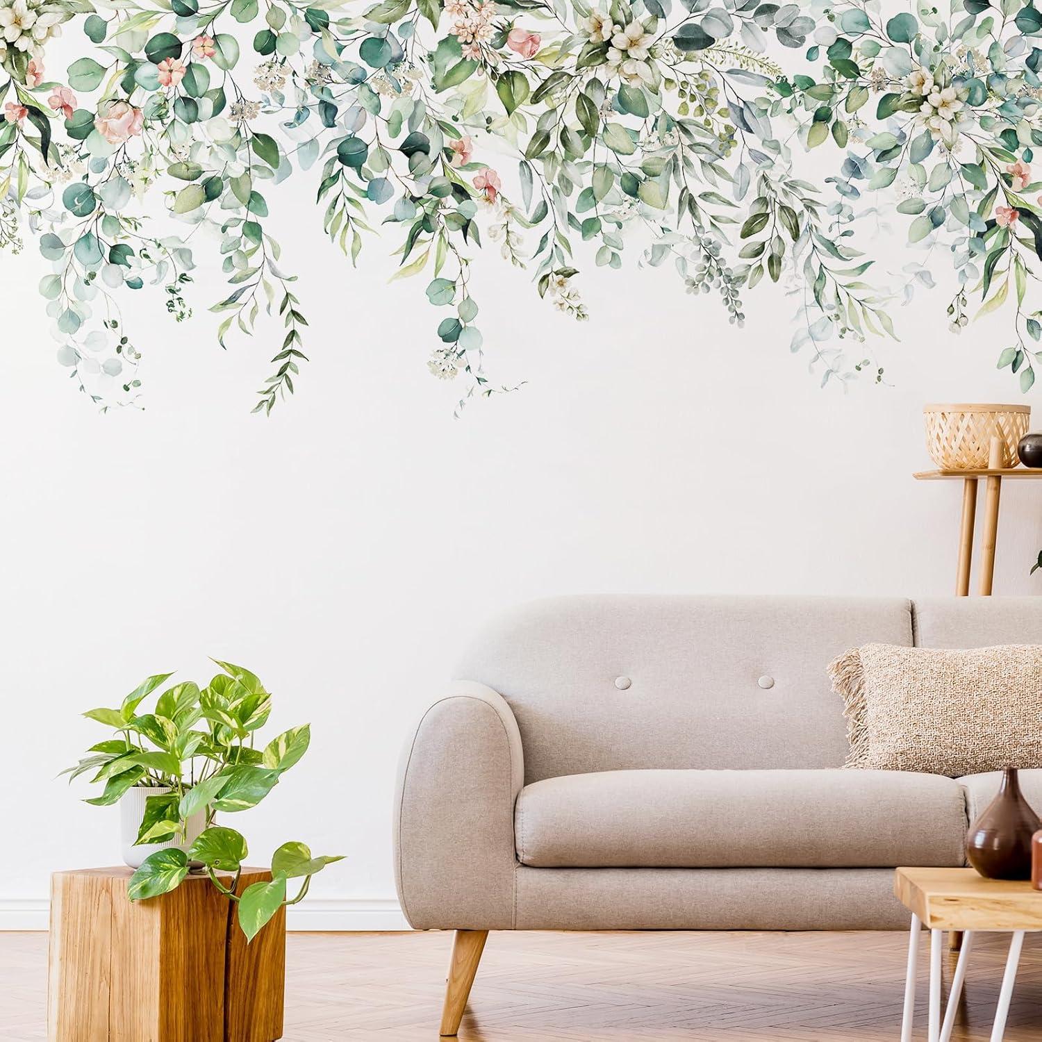 Zonon 6 Pcs Flowers Wall Decals Stickers Vinyl Removable Peel and Stick Colorful Dragonflies Floral Wall Murals Decor for Bedroom Living Room Nursery(Greenery)