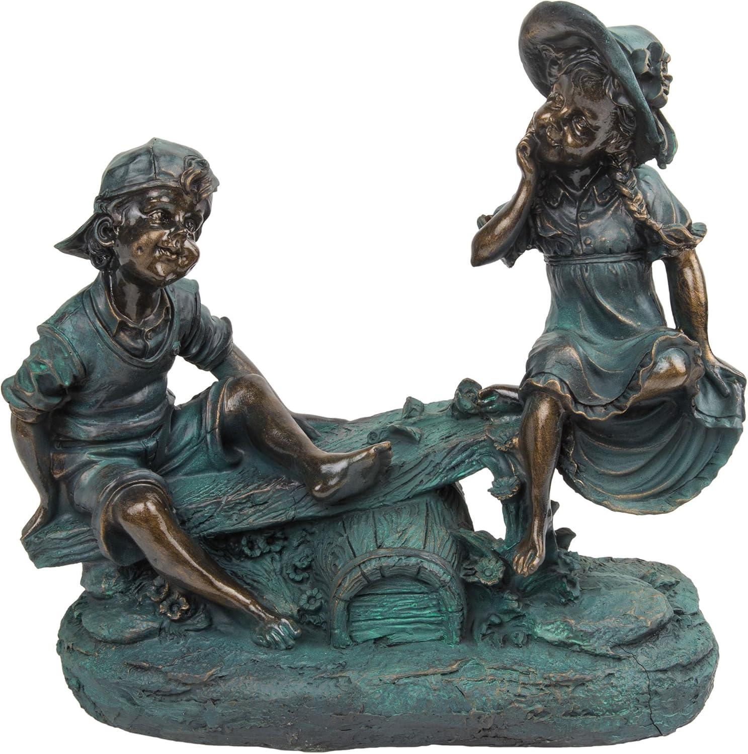 14" Indoor/Outdoor Girl and Boy Playing on Teeter Totter Statue Yard Décor Bronze - Alpine Corporation