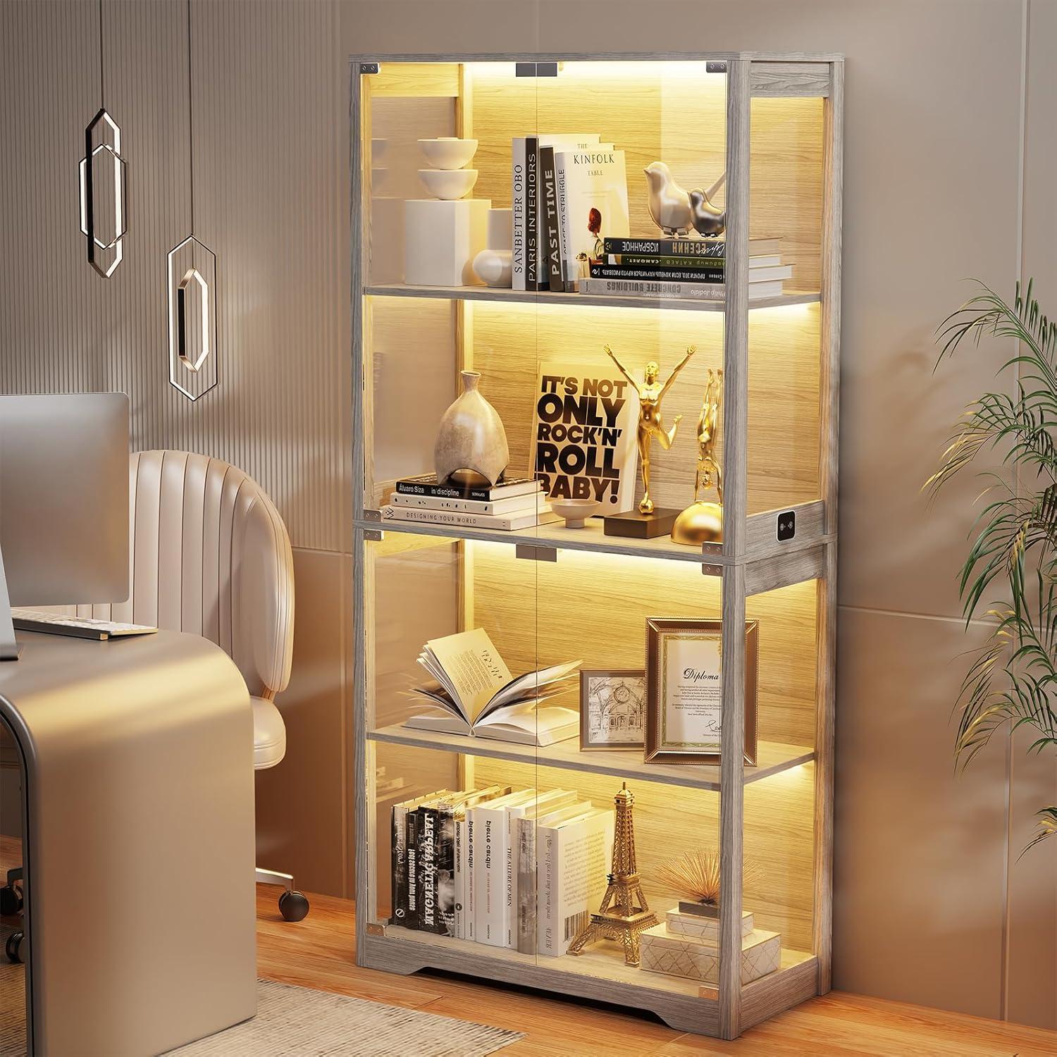 Display Cabinet with Glass Doors, 4-Tier Curio Cabinet&Bookcase with 3 Color Light for Collectibles