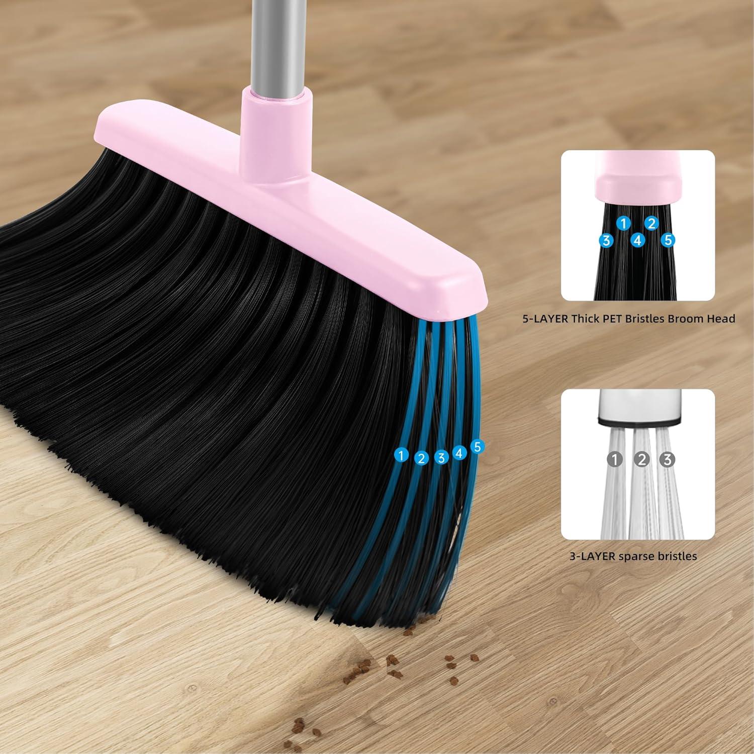 Heavy-Duty Broom and Dustpan Set for Outdoor Broom and Dust pan for Home Commercial Cleaning Supplies Angle Broom with Long Handle Perfect for Courtyard Garage Lobby Mall Market Street, B6