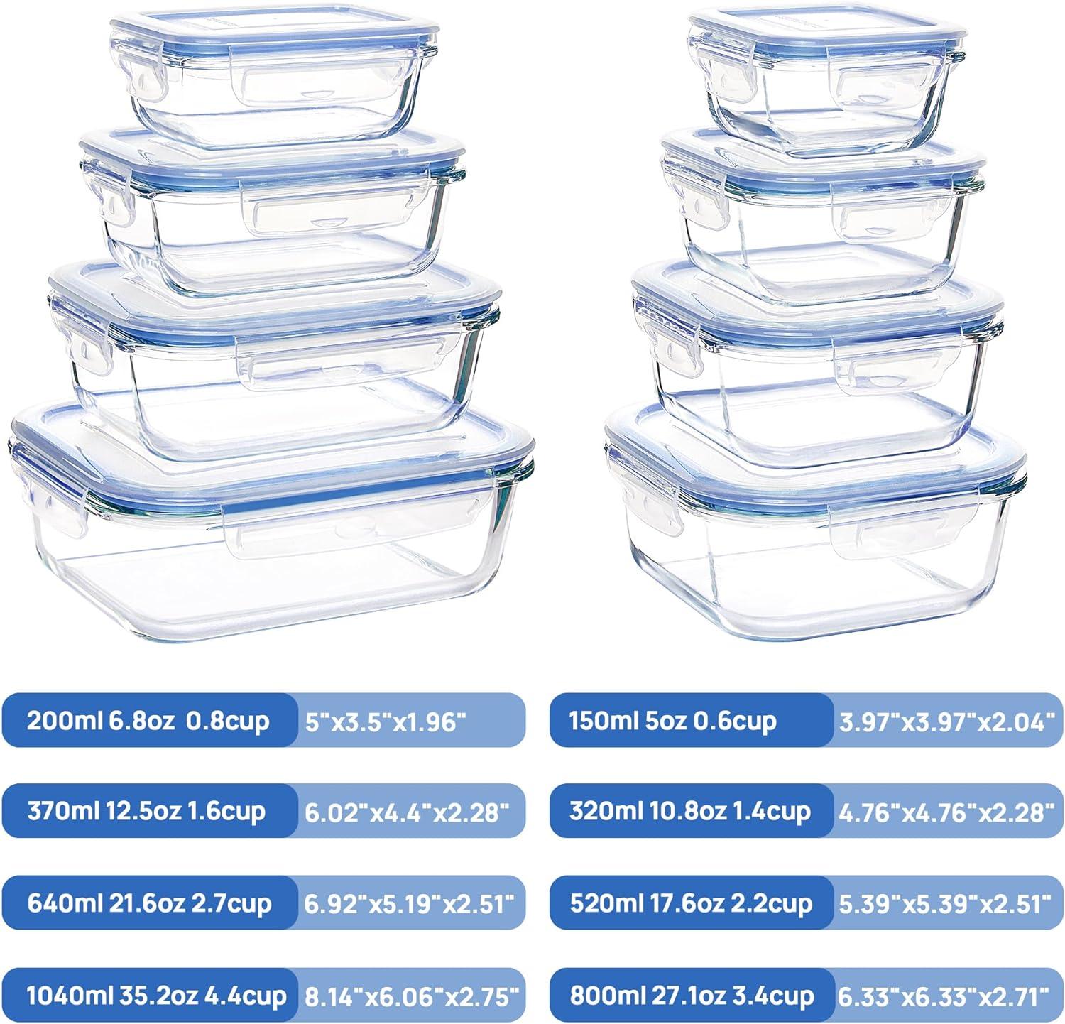 Blue Glass Meal Prep Containers Set with Airtight Lids