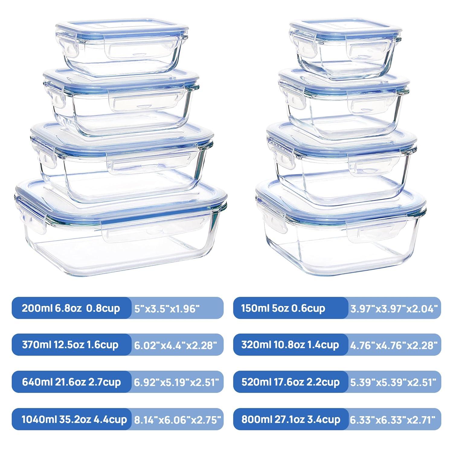Vtopmart 8 Pack Glass Food Storage Containers with Airtight Lids, Glass Meal Prep Containers, Lunch Office Meal for Microwave, Oven, Freezer and Dishwasher, BPA Free