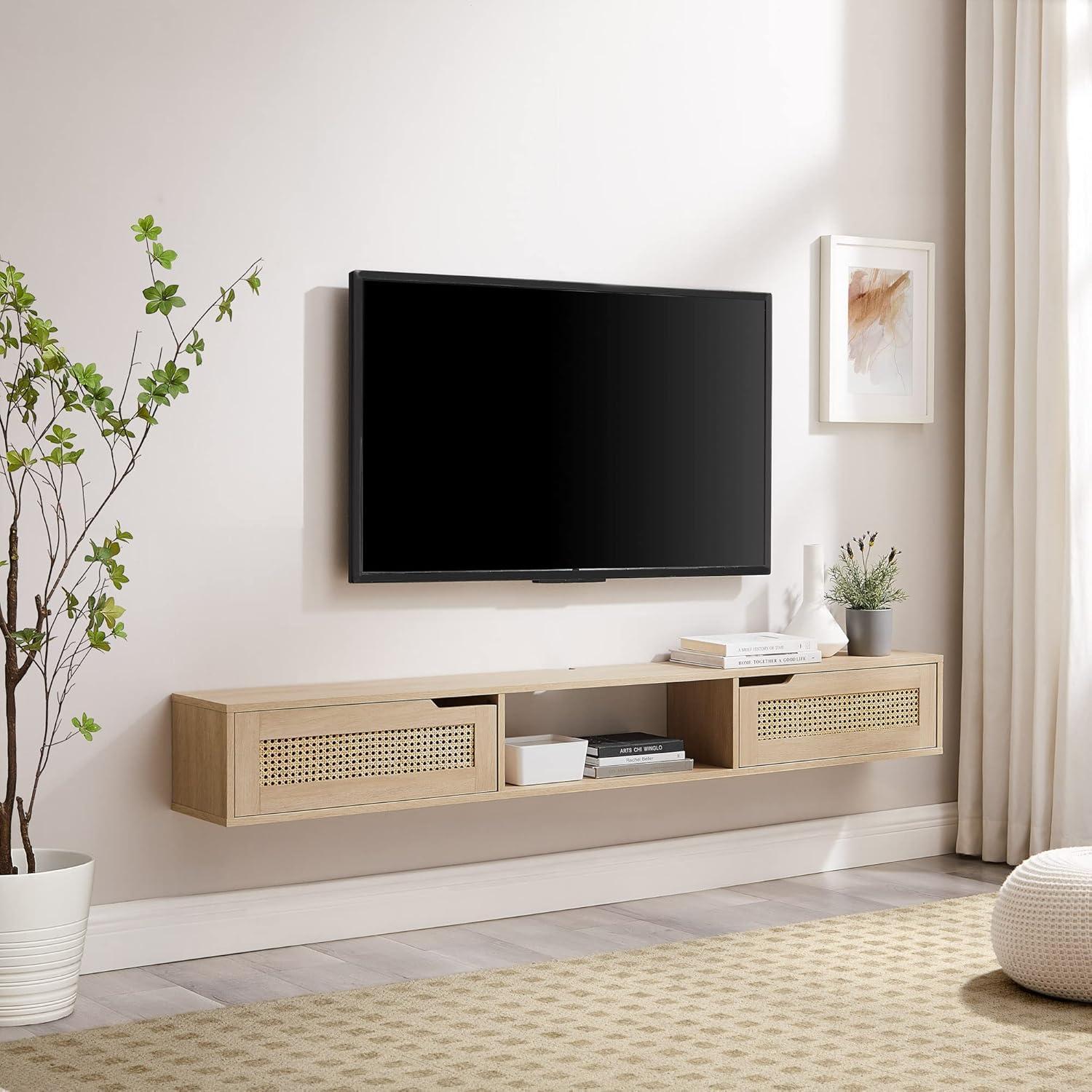 Coastal Oak 70" Floating TV Stand with Rattan Cabinet Doors