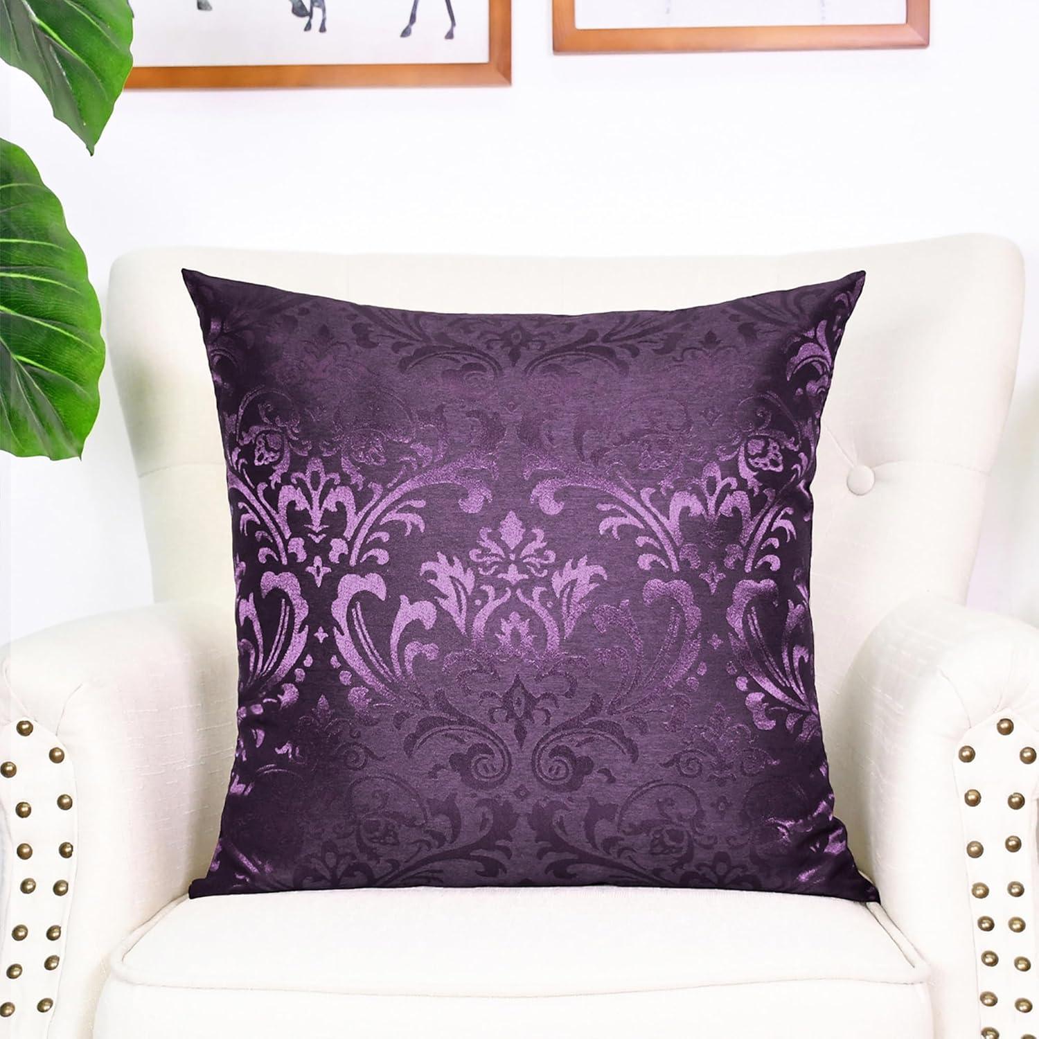 CaliTime Pack of 2 Throw Pillow Covers Cases for Couch Sofa Home Decoration Vintage Damask Floral Shining & Dull Contrast 16 X 16 Inches Deep Purple