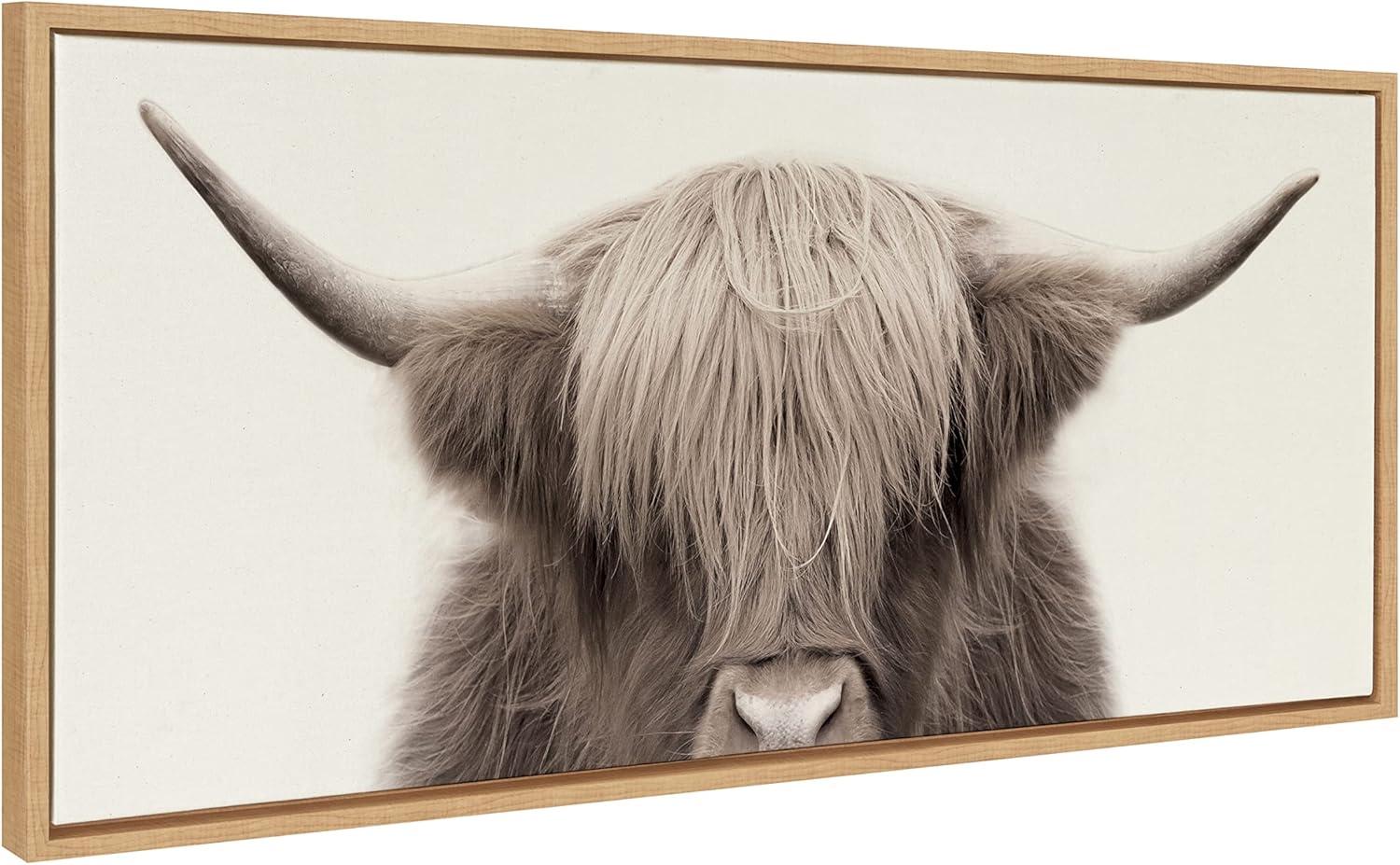 Kate and Laurel Sylvie Hey Dude Highland Cow Color Framed Canvas by The Creative Bunch Studio, 18x40, Natural