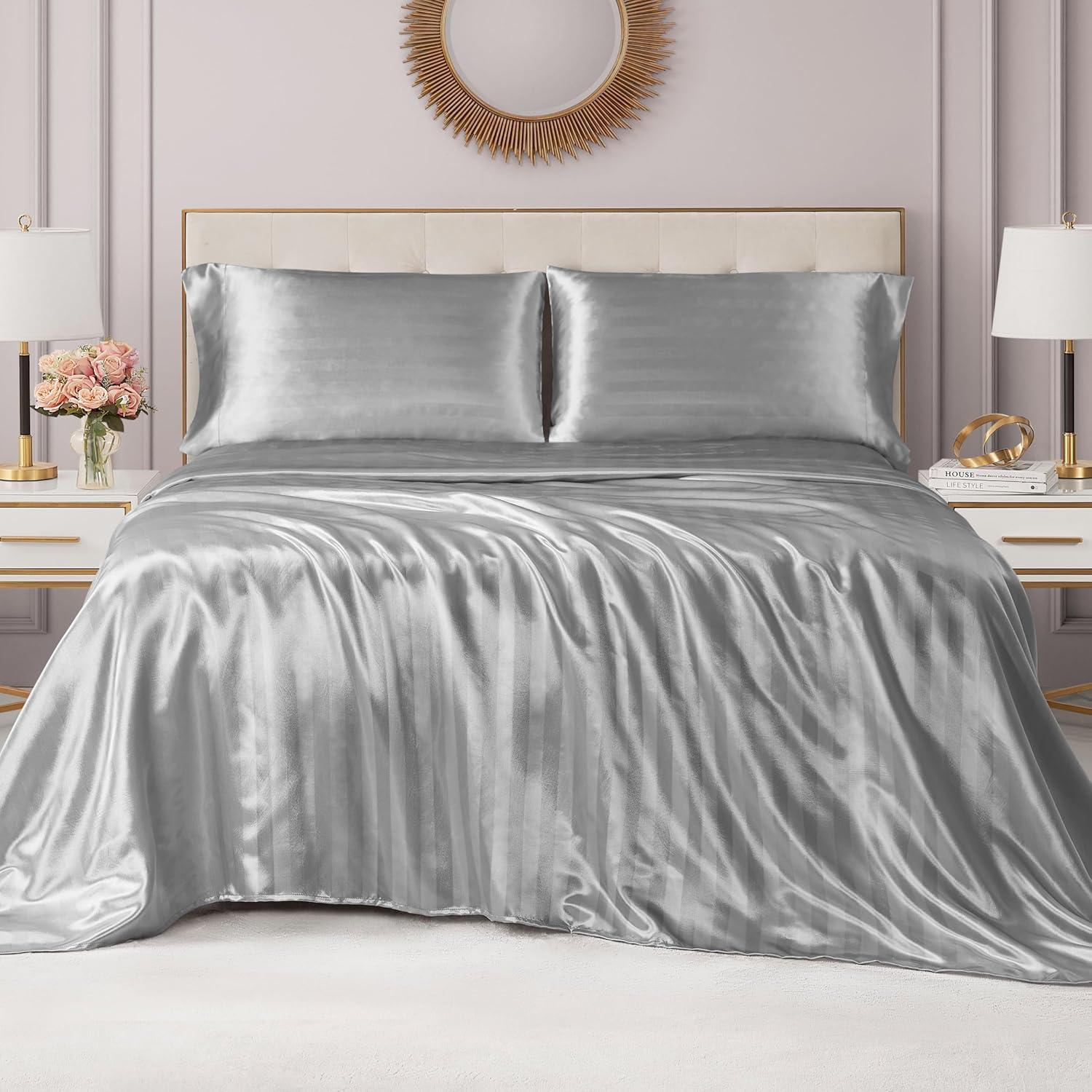 Juicy Couture Silky Satin Damask Sheet Set - Luxury Grey Bedding - Smooth Satin Striped Sheets - Full Size