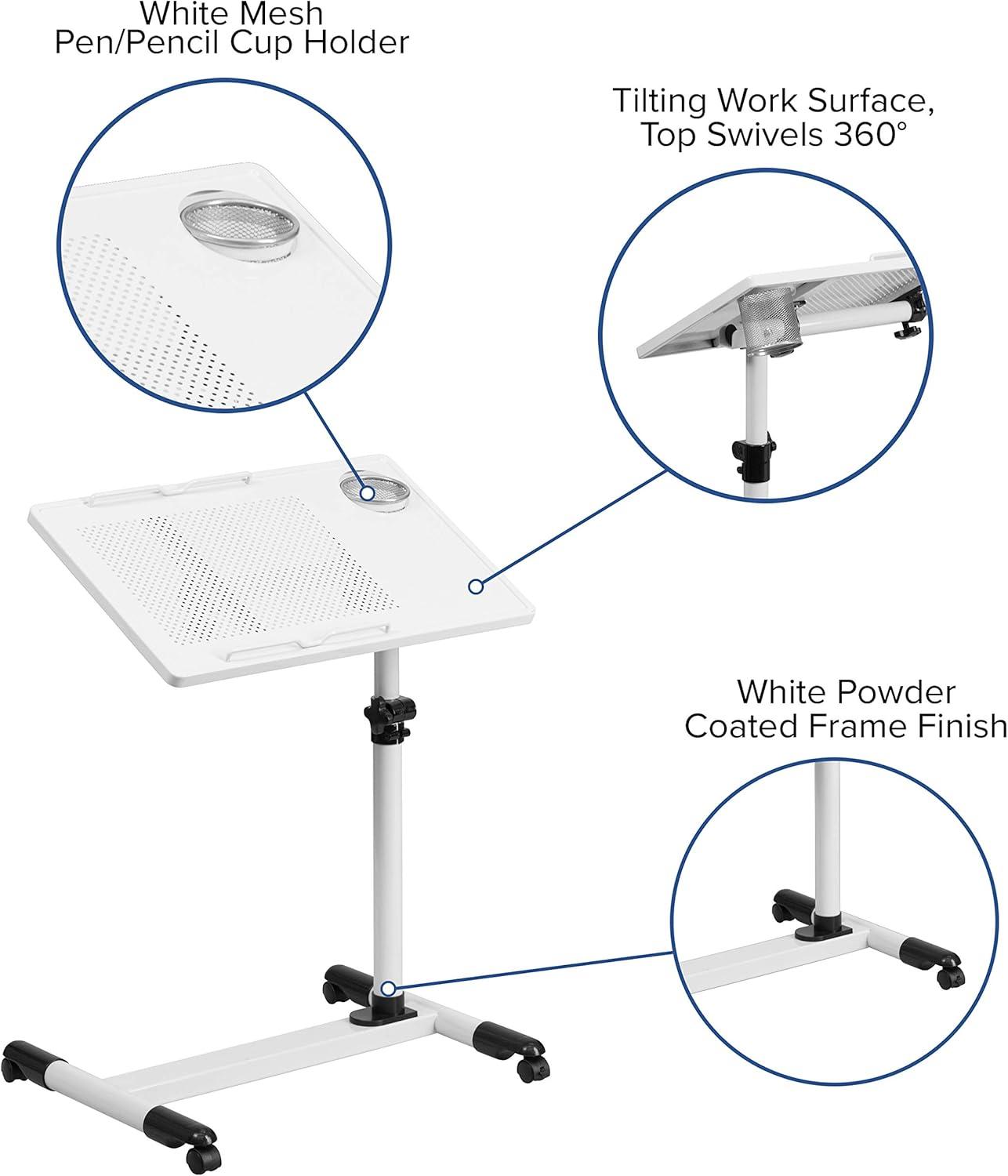 SwivelTop White Adjustable Steel Mobile Desk with Cup Holder