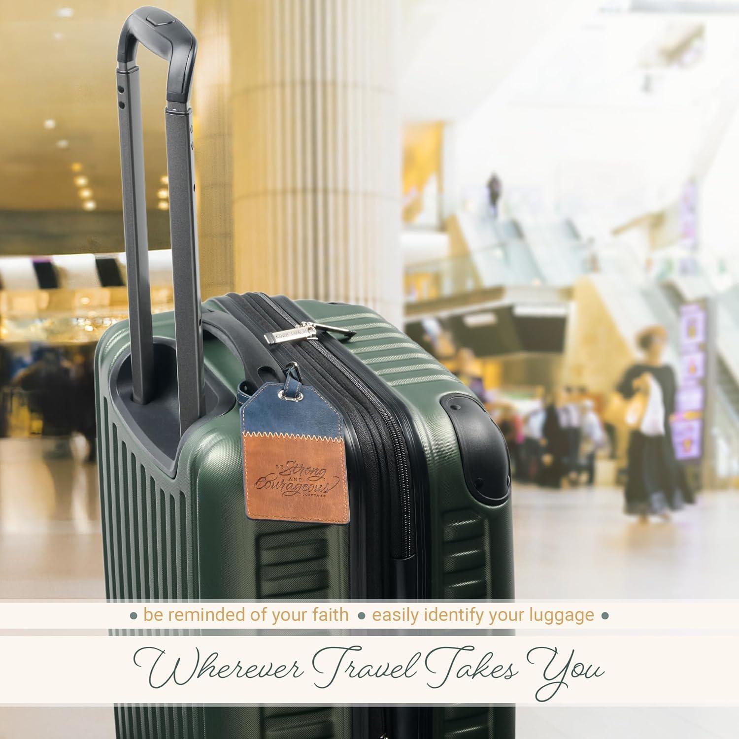 Christian Art Gifts Inspirational Vegan Leather Scripture Luggage Tag for Men & Women: Strong & Courageous - Baggage Accessory for Carry-On, Checked Bags, Backpacks, 4.8 X 3.1, Black/Brown (Other)