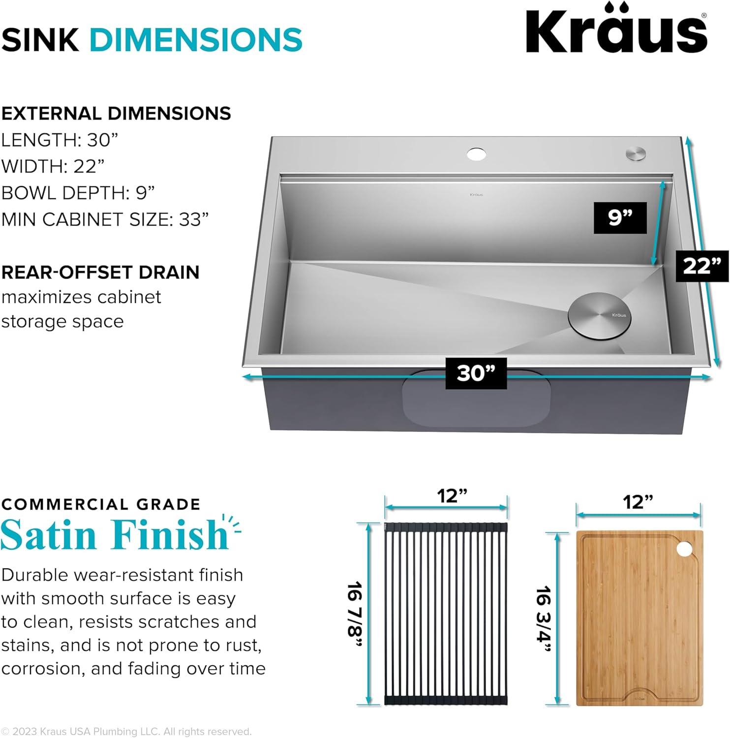 KRAUS Kore™ Workstation Drop-In 16 Gauge Single Bowl Stainless Steel Kitchen Sink