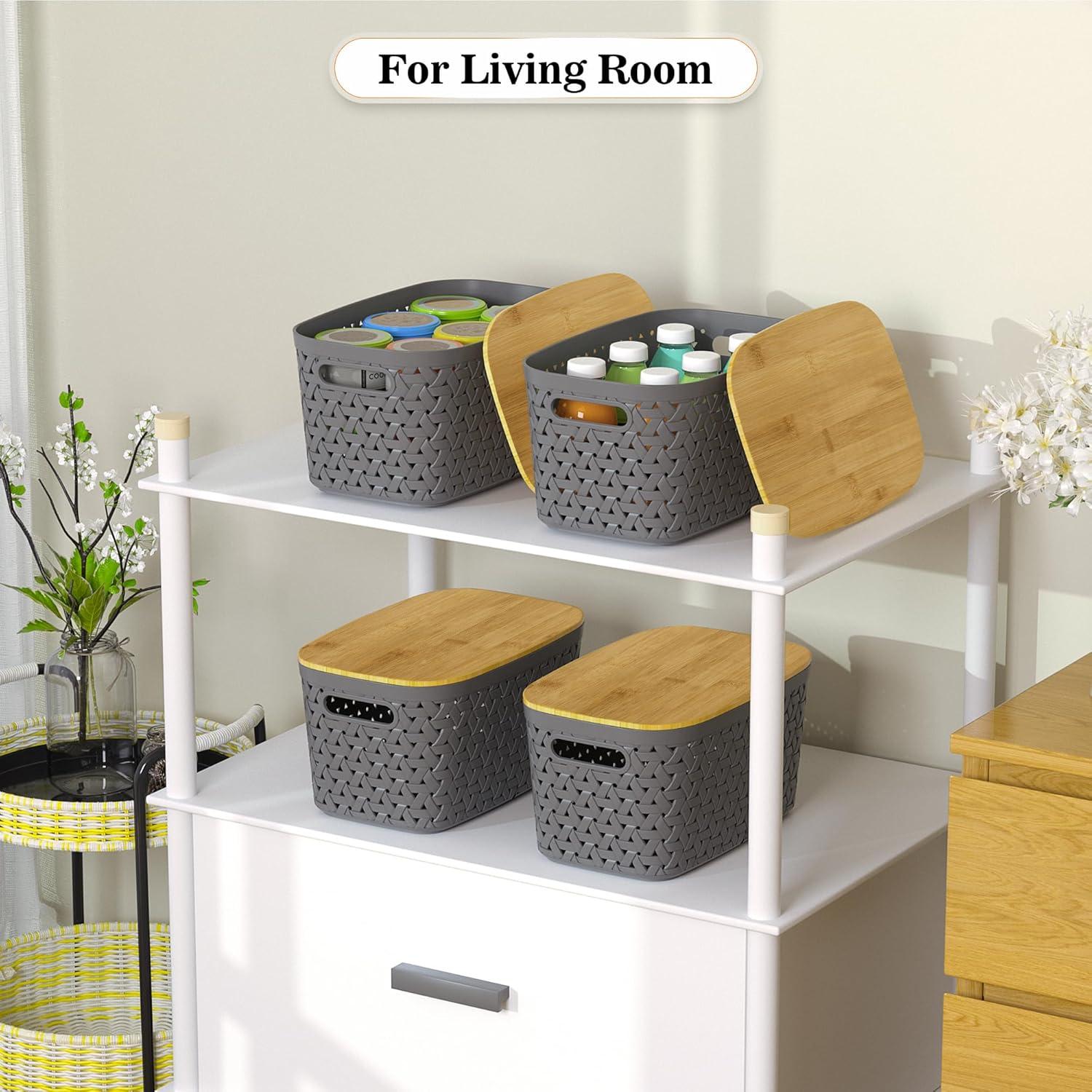 Rebrilliant Plastic Storage Bins With Bamboo Lids Set Of 4 - Pantry Organization And Storage Containers Storage Baskets - Stackable Storage Bins For Shelves Drawers Desktop Closet Playroom Classroom Office