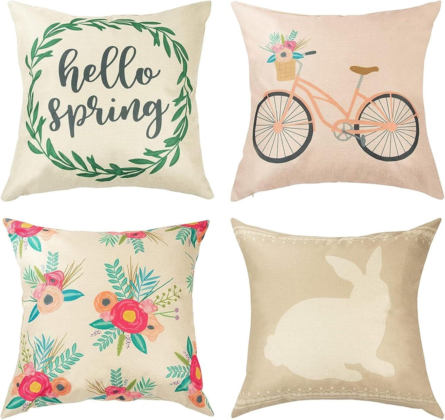 Juvale Set of 4 Happy Spring Decorative Pillow Case Cushion Covers for Easter, 4 Designs, 17 x 17 in