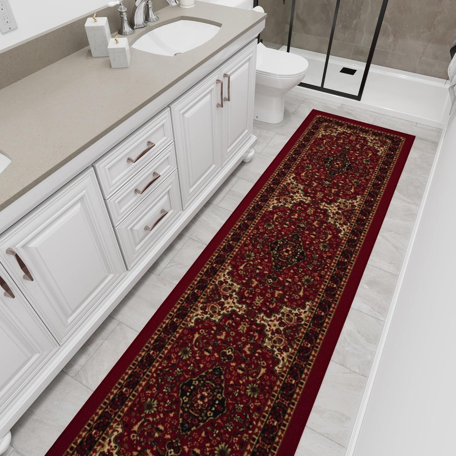 Ottohome Non-Slip Medallion Oriental Area Rug For Living Room, Hallway, Entryway Rug, Dark Red