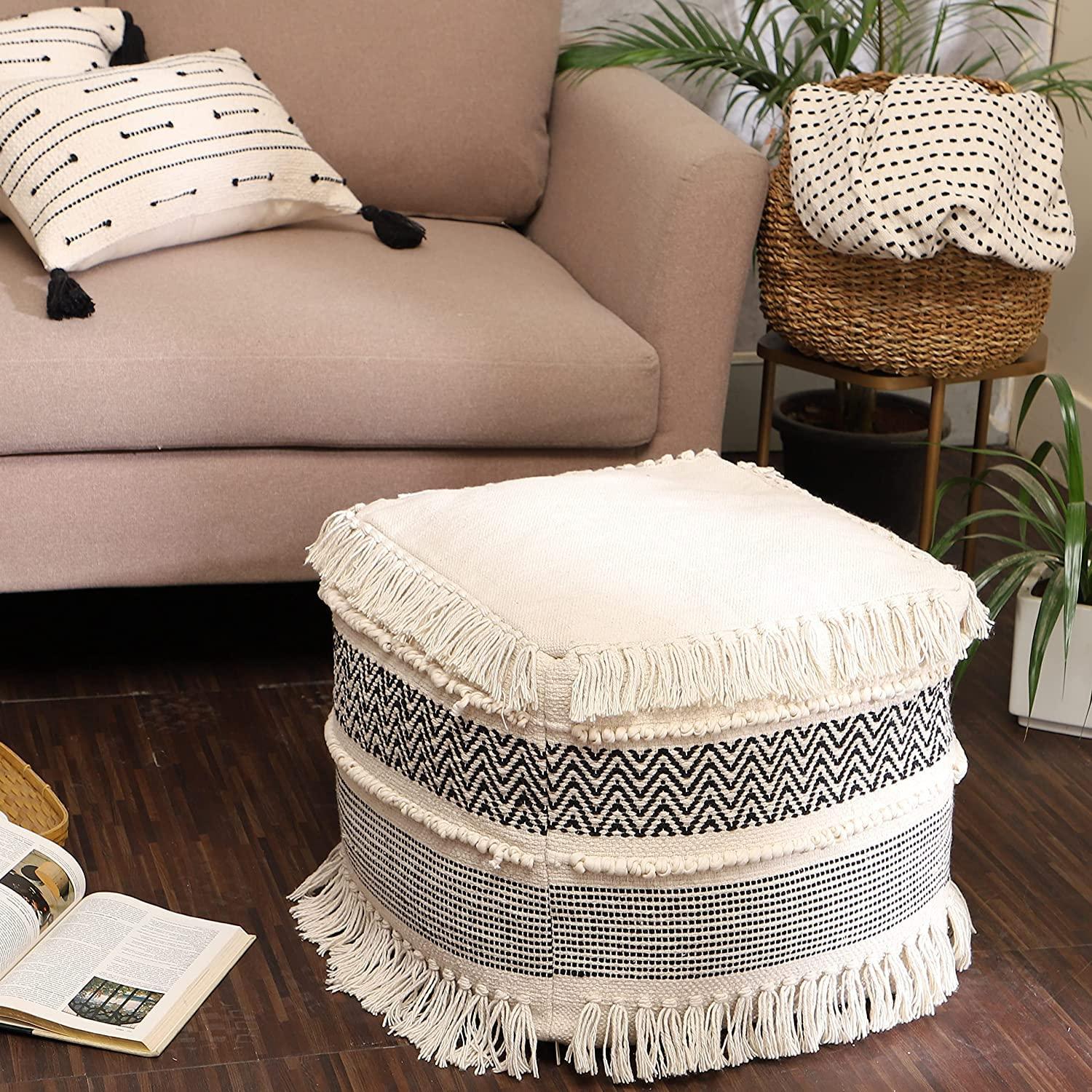 · REDEARTH · UNSTUFFED Pouf Ottoman Cover Boho Textured Storage Square Extra Seat, Farmhouse Poof Pouffe Accent Footrest for Living Room, Bedroom, Nursery, Kidsroom, Study Nook (18x18x18; Black)