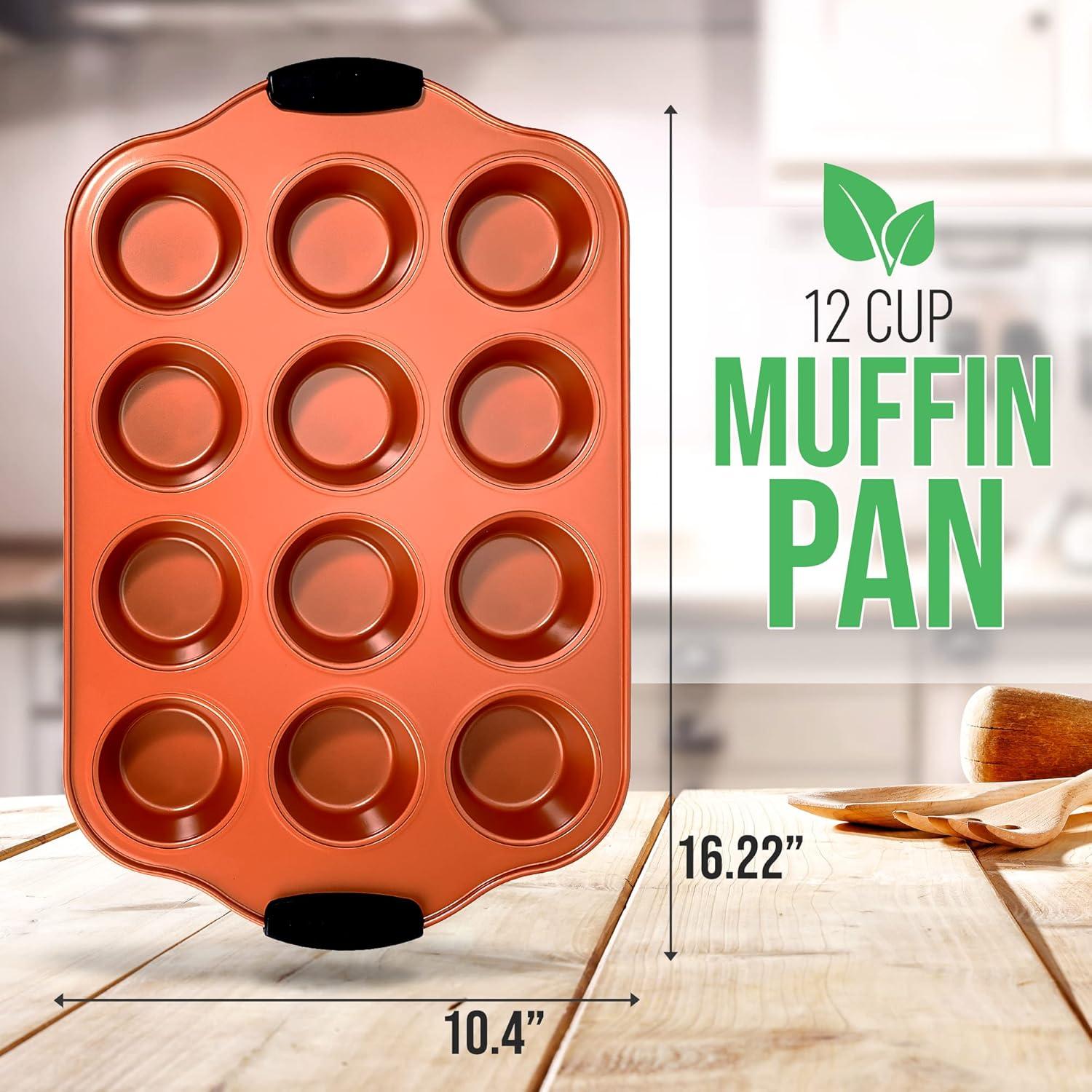 NutriChef 12 Cup Nonstick Copper Muffin Pan with Silicone Handles