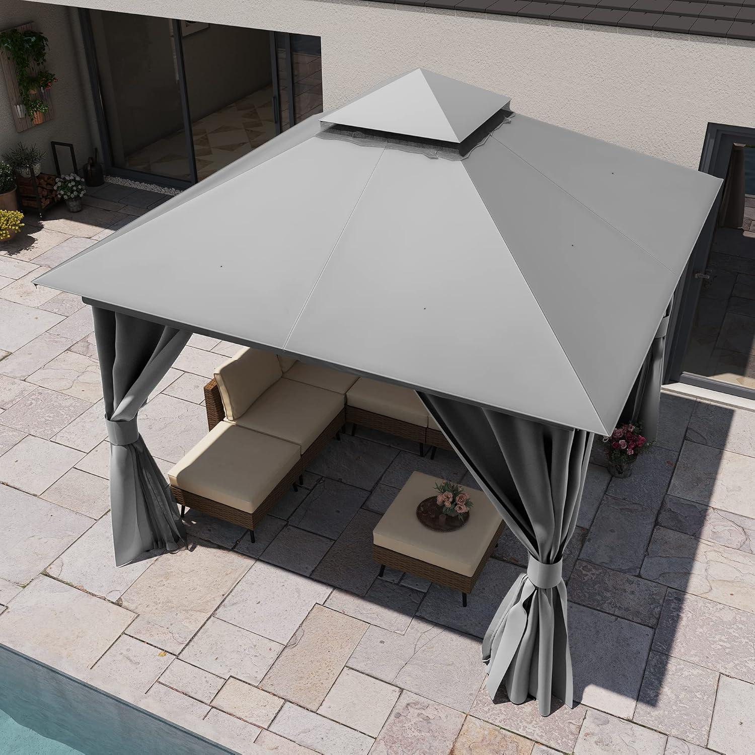 Gray 10'x10' Steel Patio Gazebo with Double Roof and Mosquito Netting