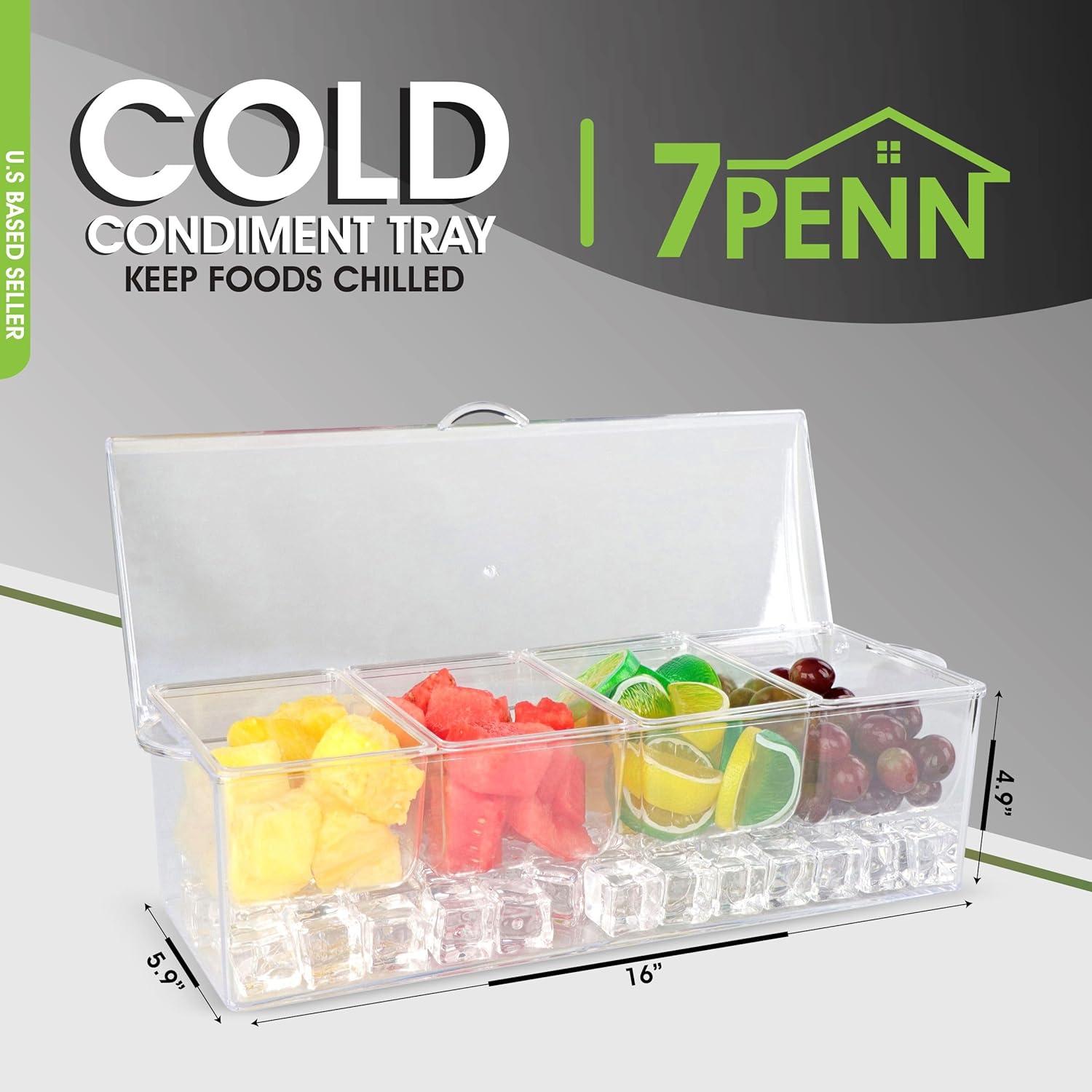7Penn | Condiment Tray with Ice Chamber Lid Tongs Spoons 5 Condiment Containers