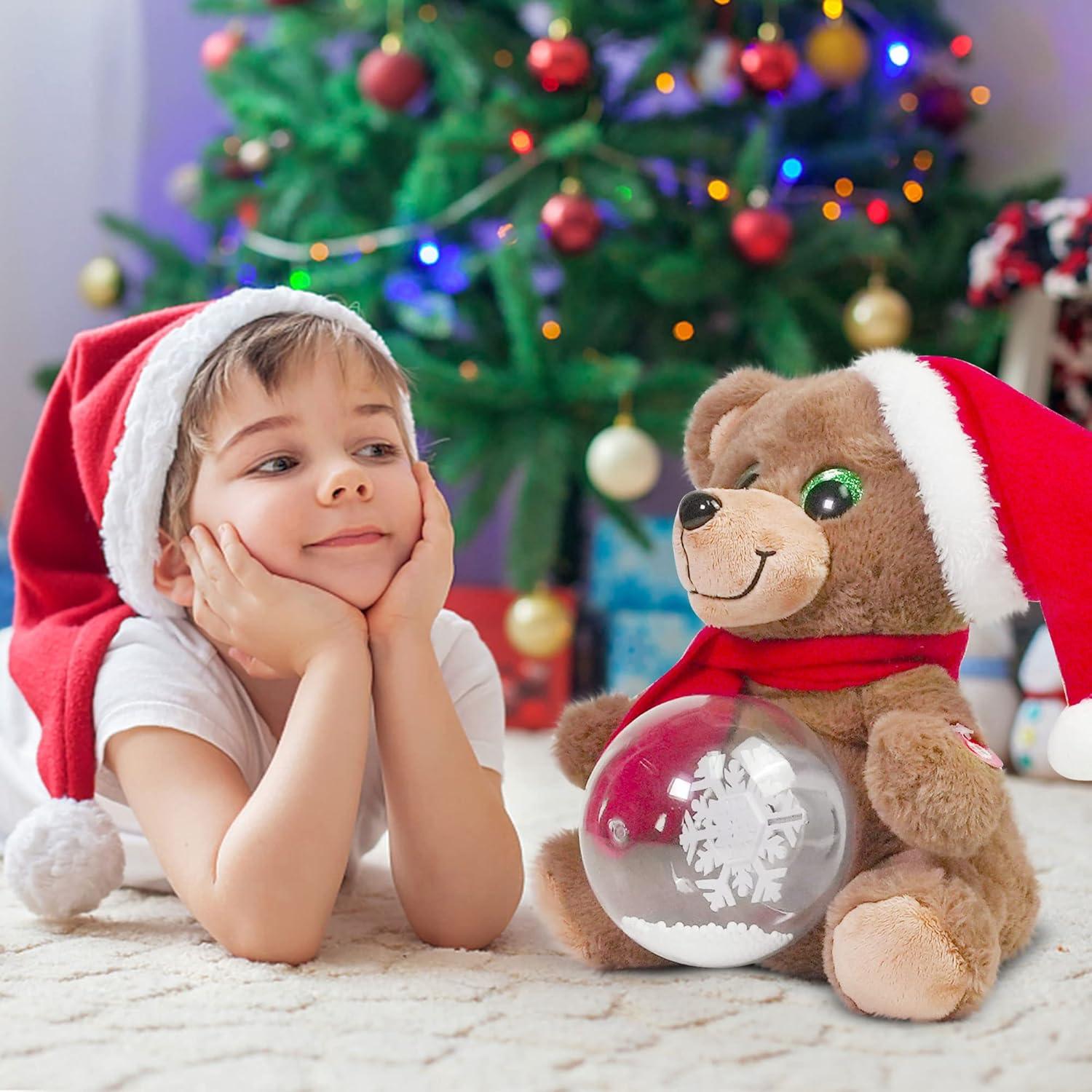 10'' Christmas Teddy Bear Stuffed Animals Plush, LED Light Glow Musical Singing Bear Plush Toys with Snow Globes, Birthday Festivals Gifts for Boys Girls (Brown)