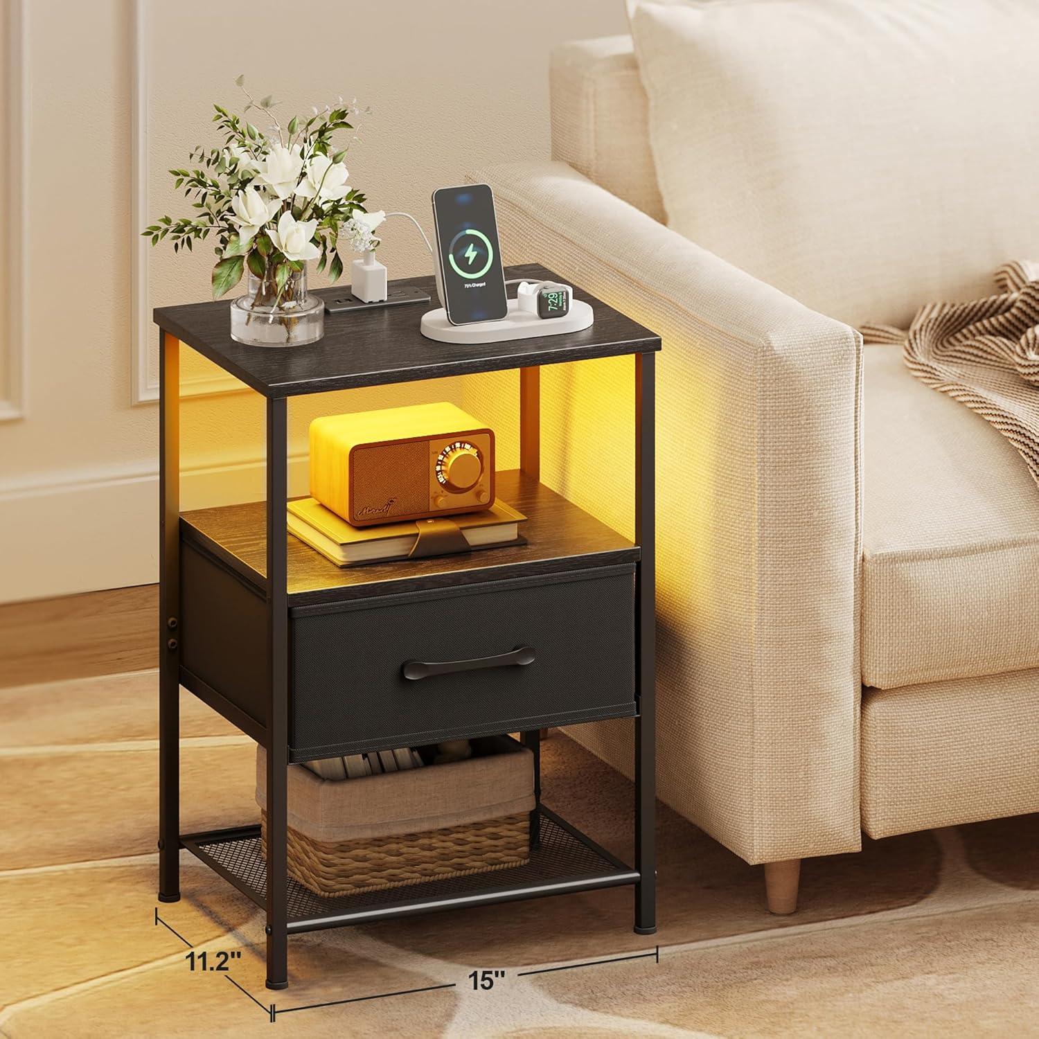 End Table with Charging Station, Narrow Side Table with 2 Fabric Drawers, Skinny Nightstand with LED Light, Slim Bedside Table for Bedroom, Living Room, Small Spaces, White