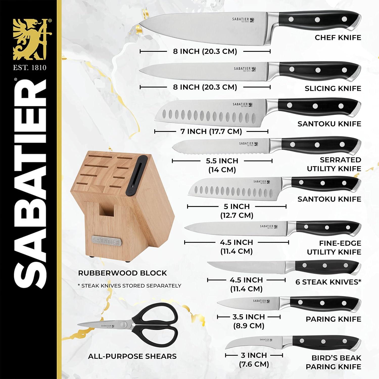 Sabatier 16pc Triple Rivet Rubberwood Block Knife Set: High Carbon Stainless Steel, Ergonomic Handle, Kitchen Cutlery