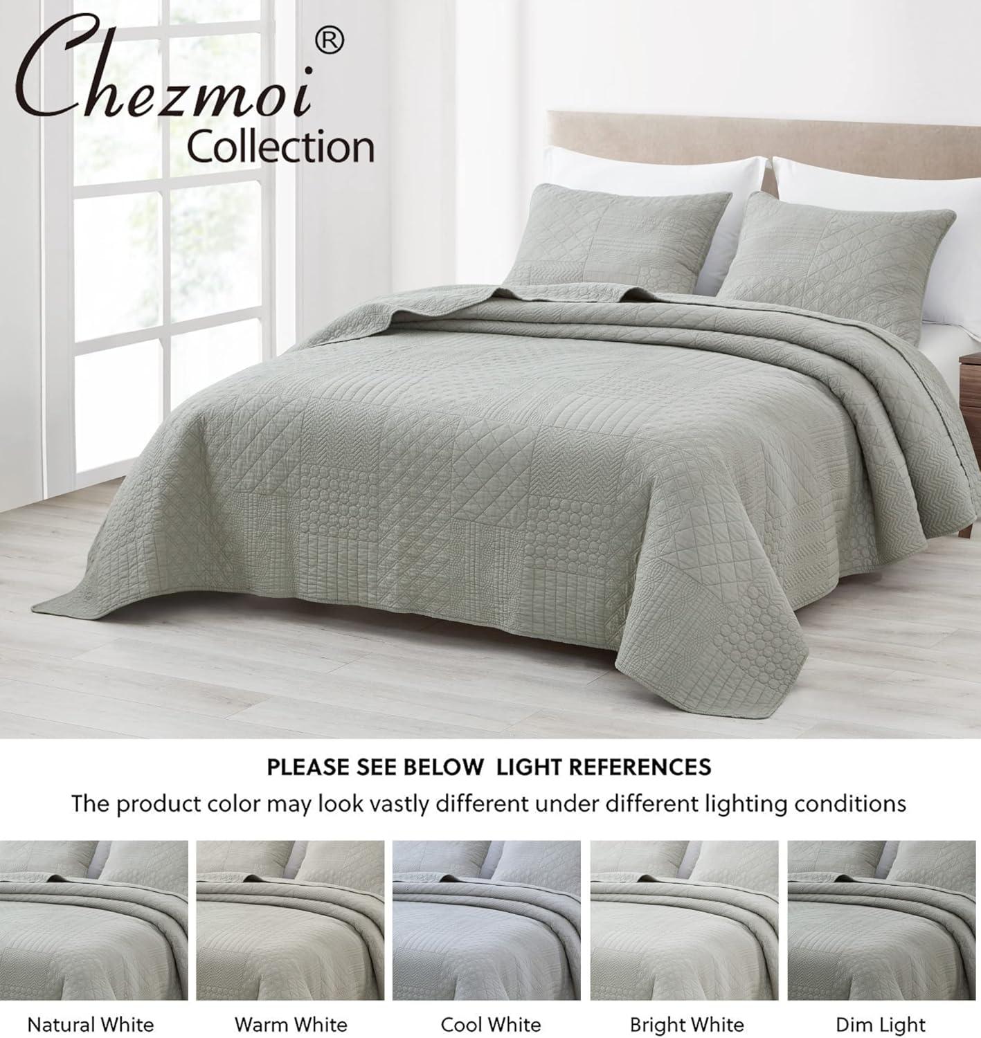 Chezmoi Collection Motley 3-Piece Geometric Embroidered Patchwork Pre-Washed Cotton Quilt Set