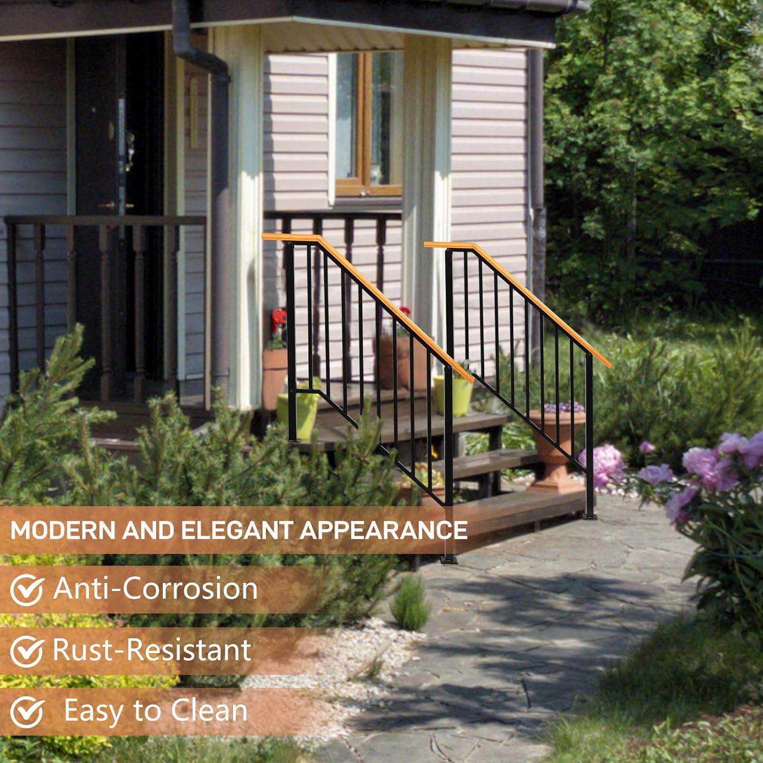 HLL Handrails for Outdoor Steps, Black Wrought Iron Handrail Fits 4 or 5 Steps, Transitional Handrail with Installation Kit, Stair Railing for Concrete Steps or Wooden Stairs