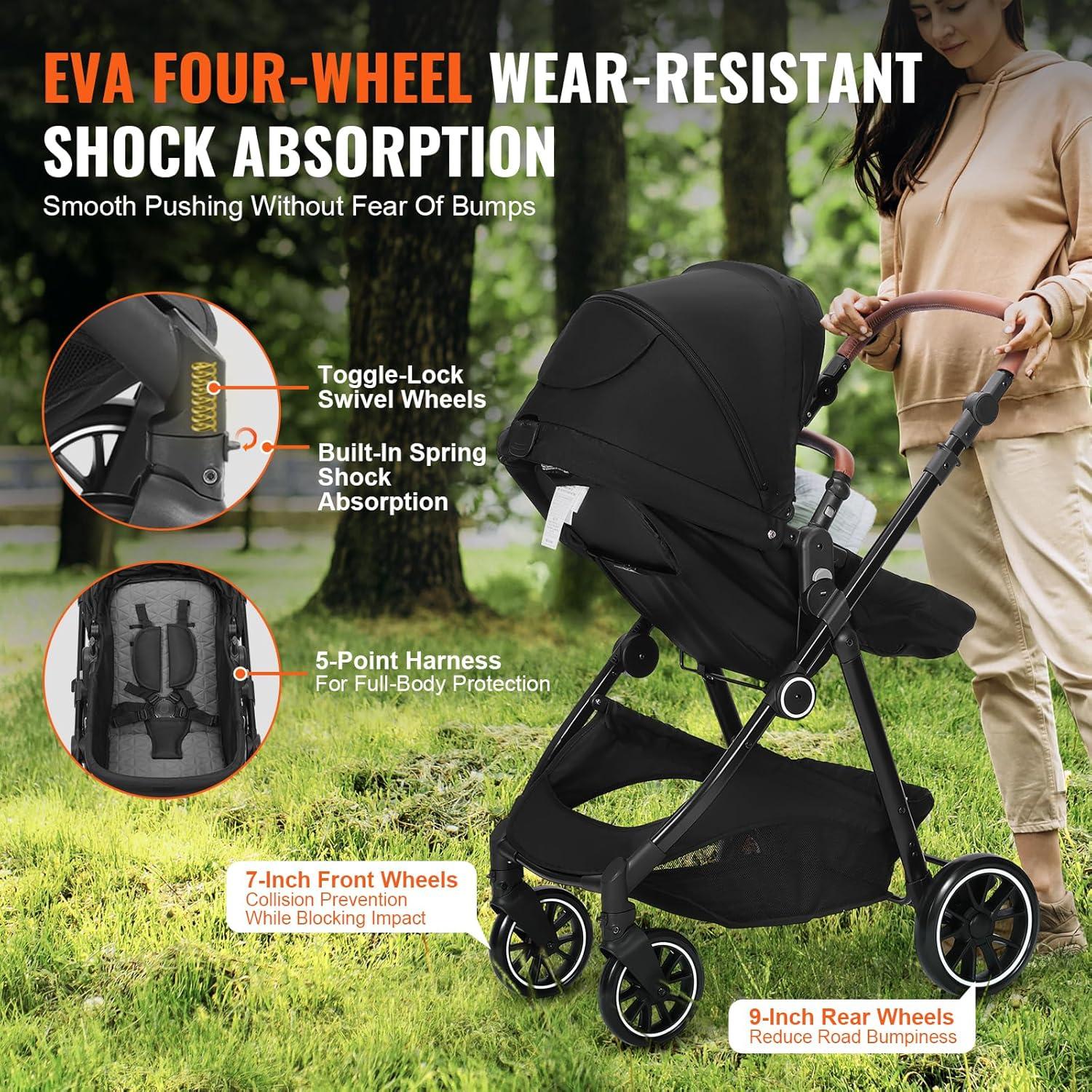 Gray All-Terrain Steel Frame Bassinet Stroller with Adjustable Backrest