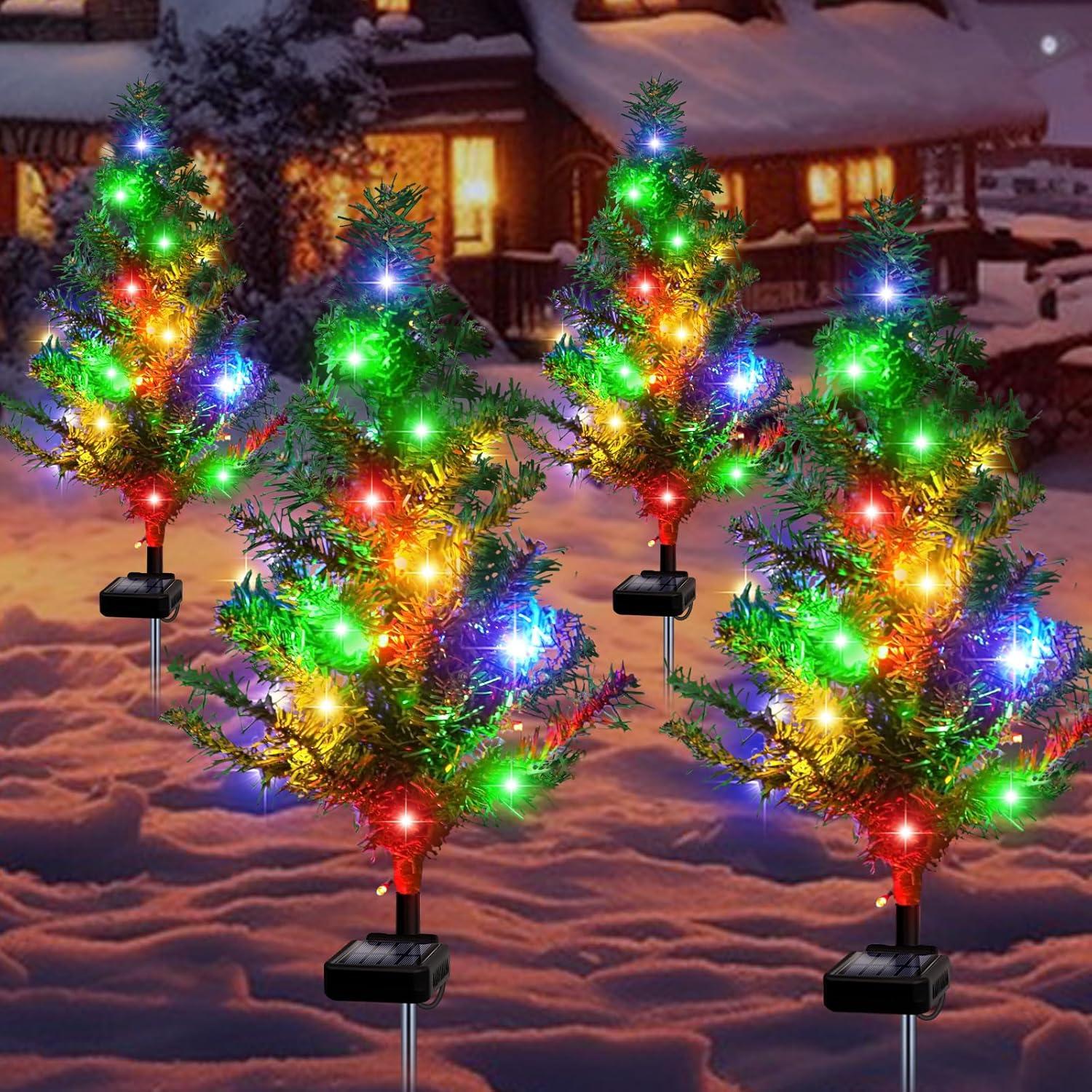 Solar LED Multicolor Christmas Tree Pathway Lights, Set of 4