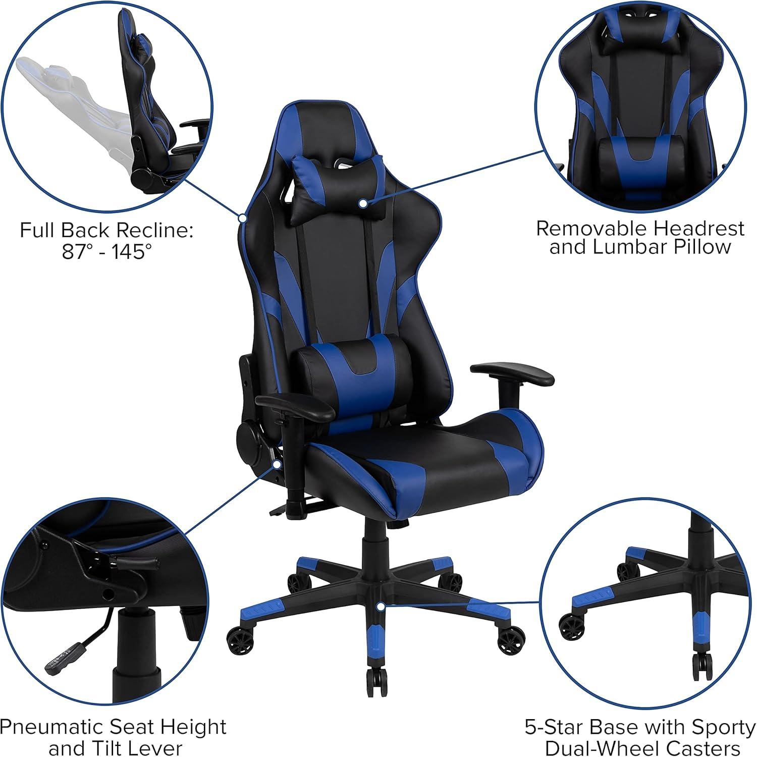 Flash Furniture X20 Gaming Chair Racing Office Ergonomic Computer PC Adjustable Swivel Chair with Reclining Back in Blue LeatherSoft