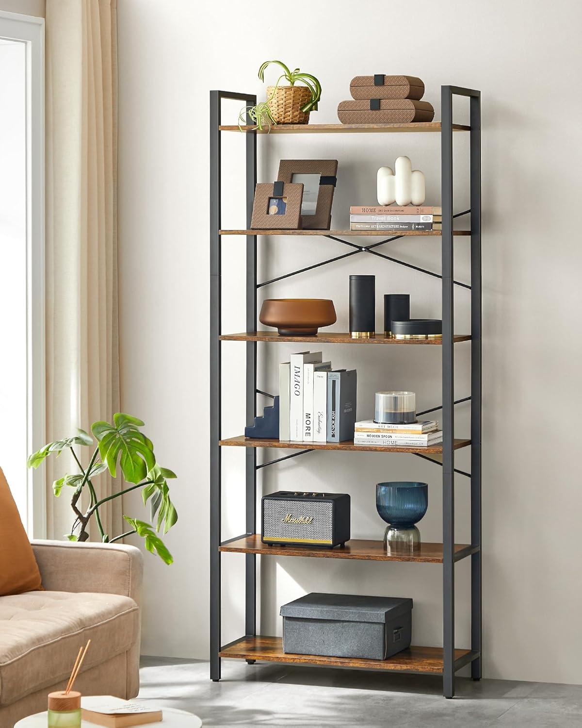 VASAGLE 6-Tier Bookshelf, Bookcase with Steel Frame, Book Shelf for Living Room, Home Office, Study, 11.8 x 31.5 x 73.2 Inches, Industrial Style, Rustic Brown and Ink Black ULLS082B01