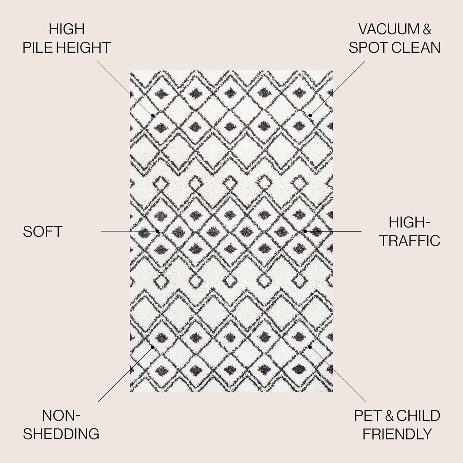 3'x5' Caimari Moroccan Diamond Shag Area Rug, White/Black - JONATHAN Y