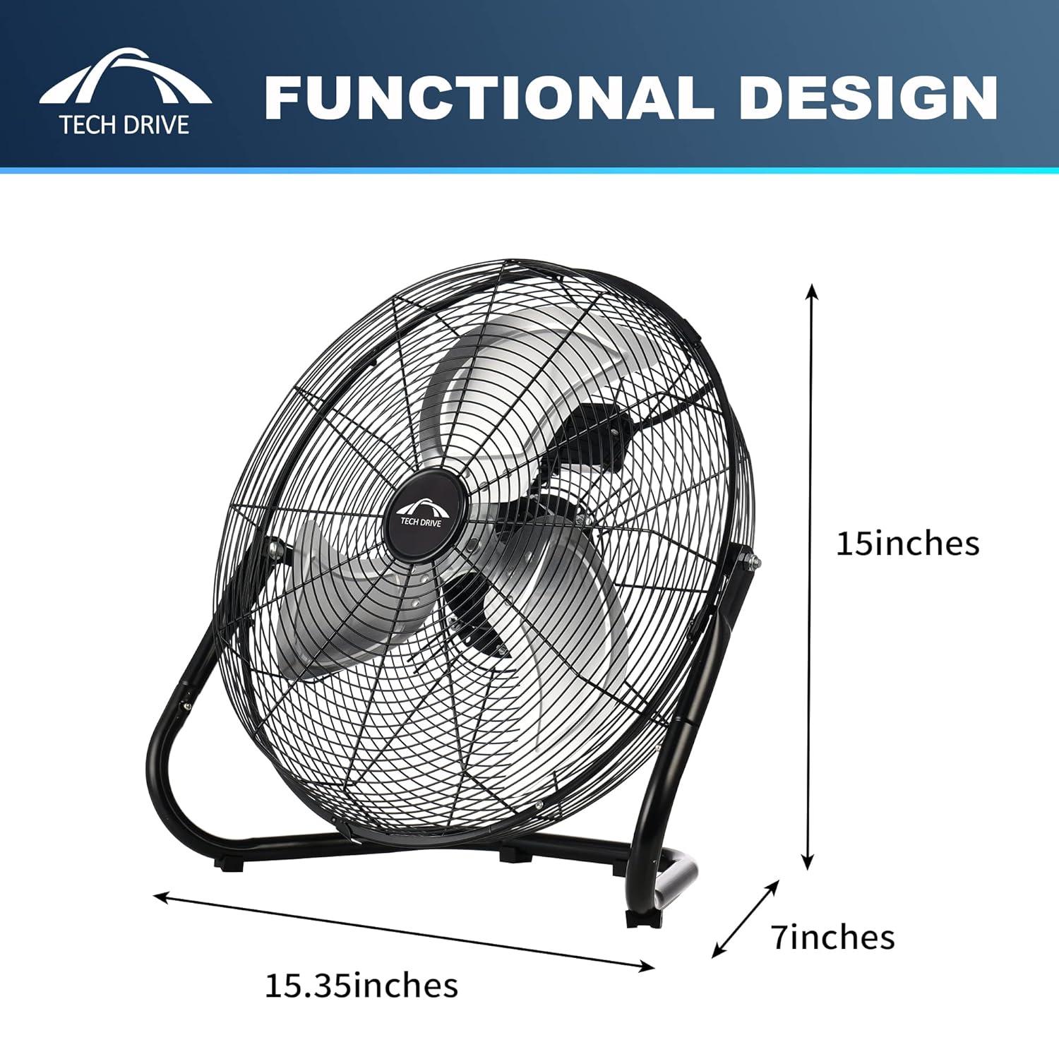 Tech Drive High Velocity Floor Fan,12 inch Heavy Duty Metal Industrial Fans,3 Powerful Speed,360° Adjustable Tilting and All Metal Construction, Black