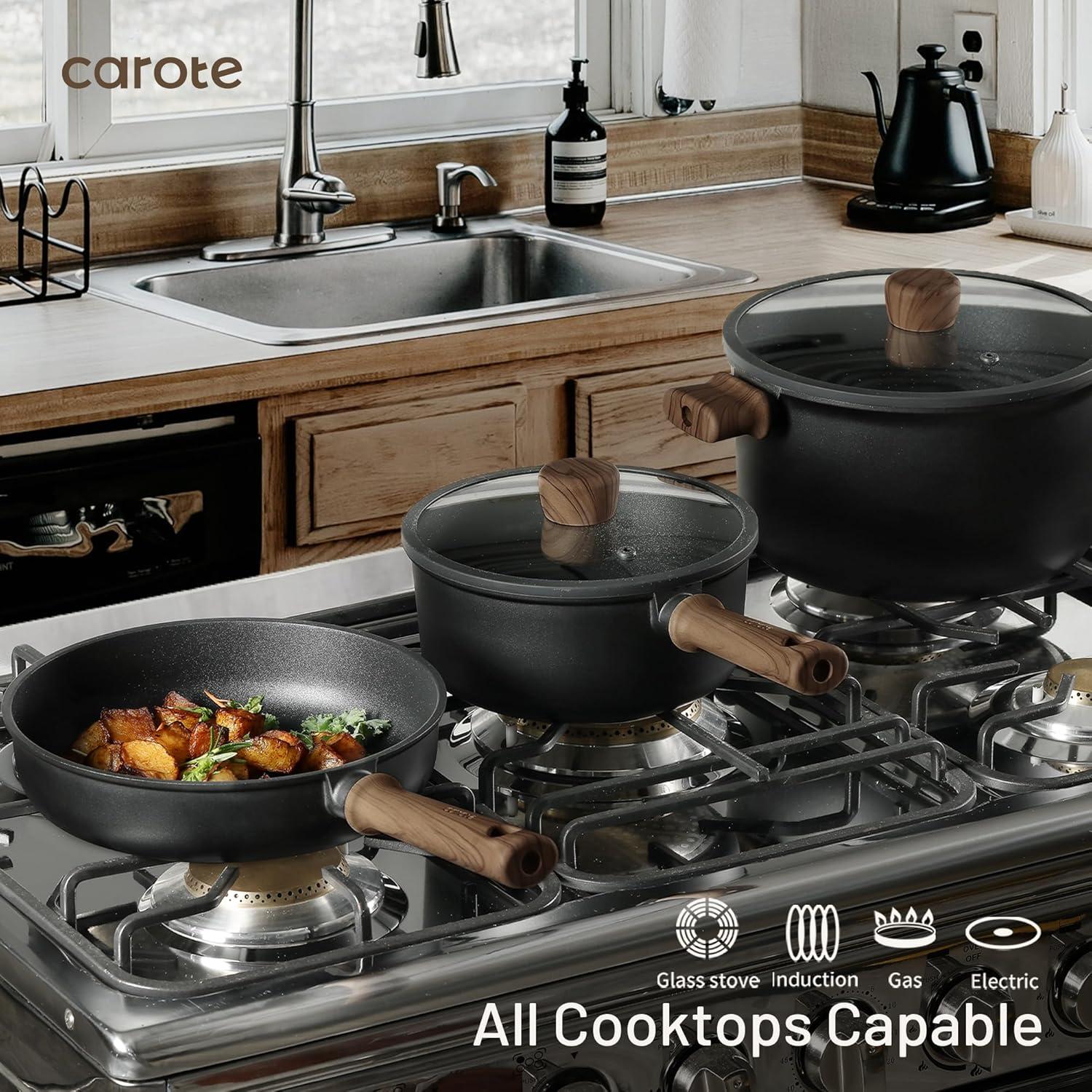 Carote 16 Pcs Nonstick Cookware Sets, Premium Pots and Pans Set, Easy to Clean, Grey and Gold