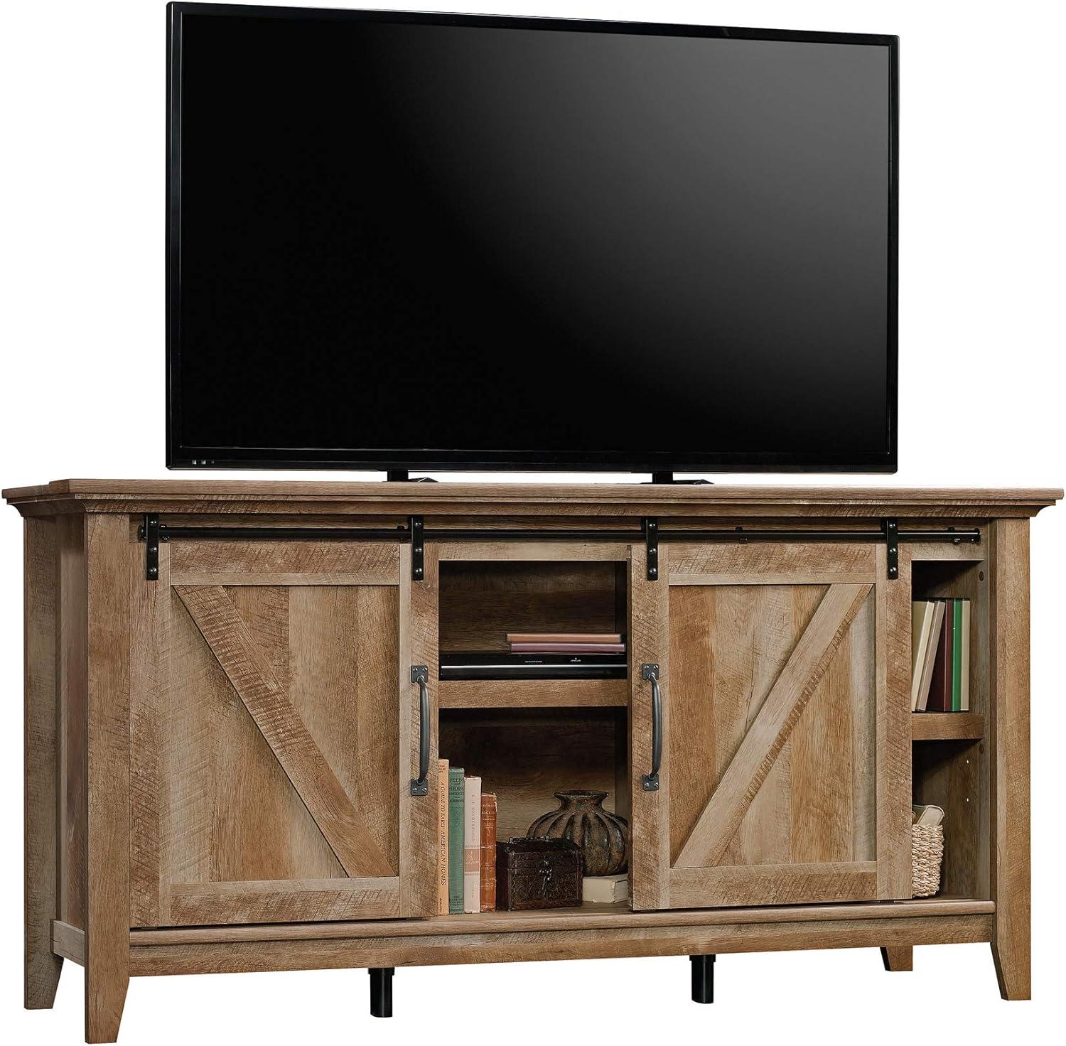 Dakota Pass TV Stand for TVs up to 70" Dark Brown - Sauder: Craftsman Oak Finish, Sliding Doors, Adjustable Storage