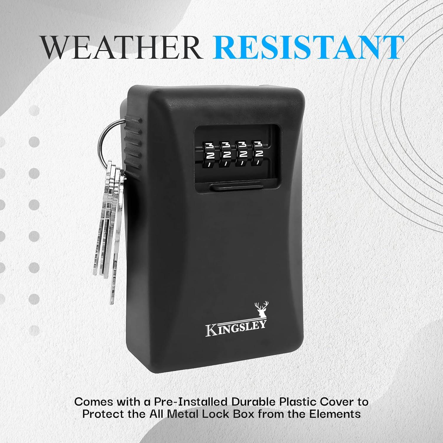 Kingsley Key Lock Box - Guard-a-Key, Secure Weatherproof Key Box Wall Mount for Indoors and Outdoors, 4 Digit Resettable Combination Code, Large Capacity for Storing Spare Keys