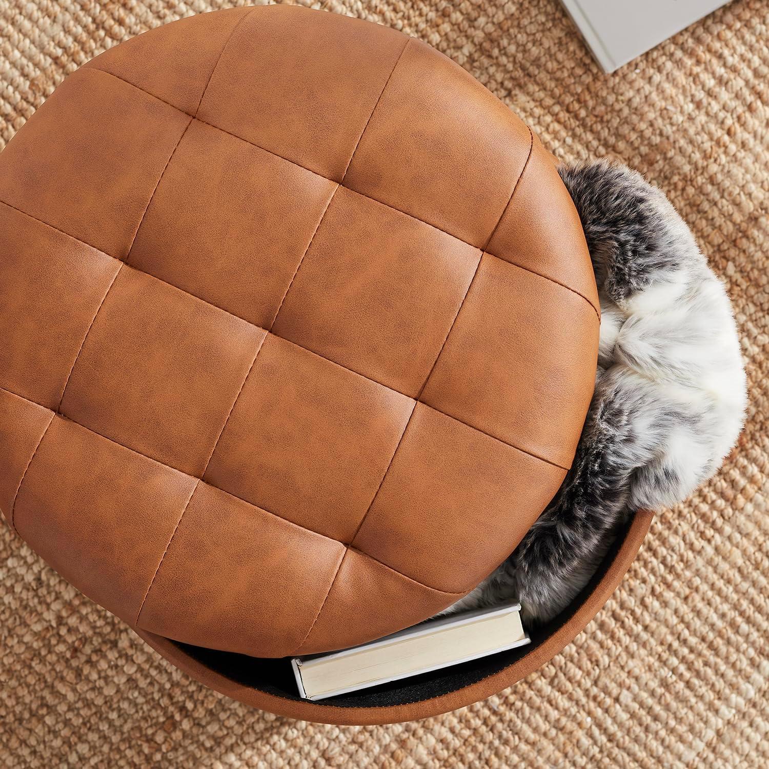Ornavo Home Faux Leather Upholstered Round Tufted Storage Ottoman with Wooden Legs - Cognac