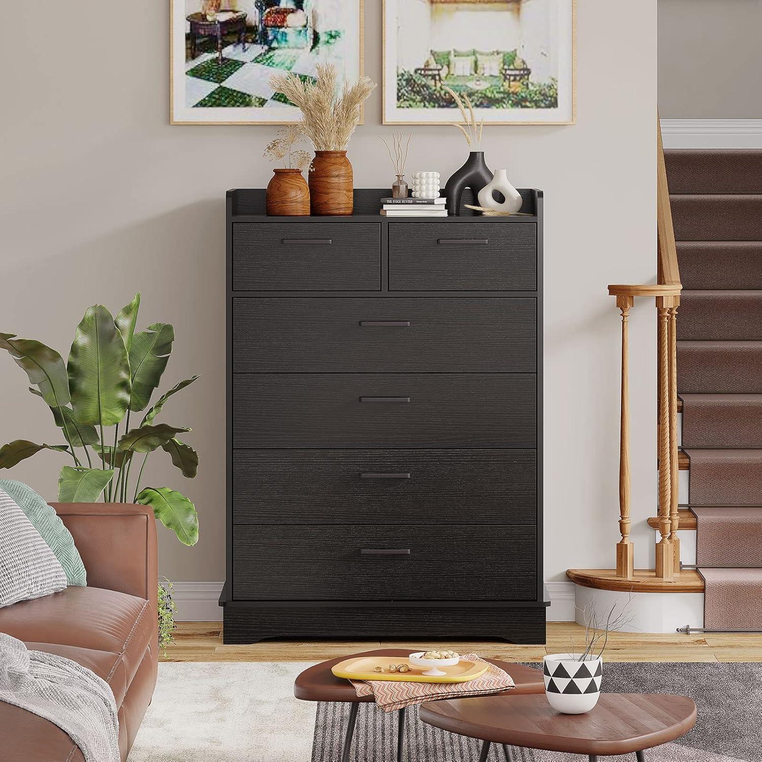 Black Dresser for Bedroom, 6 Drawers Dresser Wood Storage Tower Clothes Organizer, Chest of 6 Drawers, Large Capacity Storage Cabinet, Tall Dresser for Bedroom, Hallway, Entryway