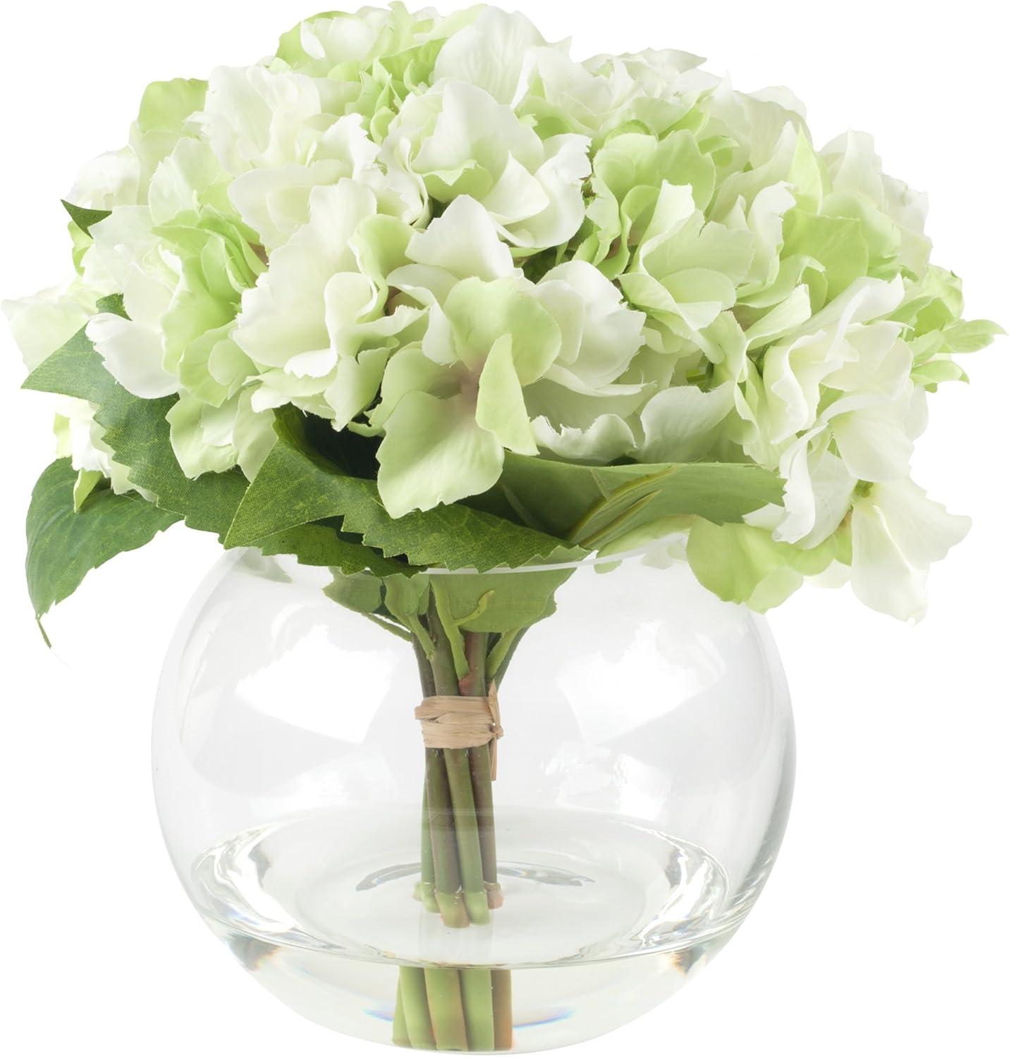 Hydrangea Floral Arrangement in Vase - 5-Count Artificial Flowers with Leaves in Faux Water-Filled Decorative Clear Glass Bowl by Pure Garden (Green)