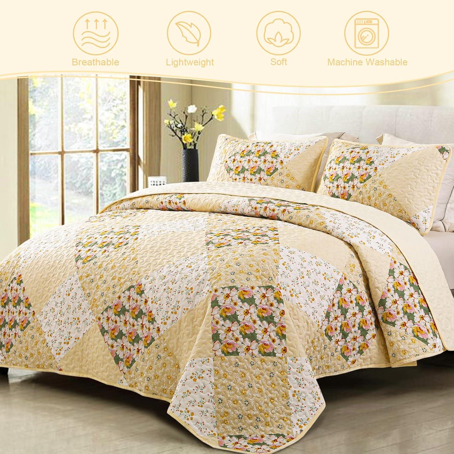 Exclusivo Mezcla 3 Pieces Boho Bohemian Quilt Set King Size, Lightweight Patchwork Quilted Bedspread/Coverlet/Bed cover/Bedding Set, Yellow