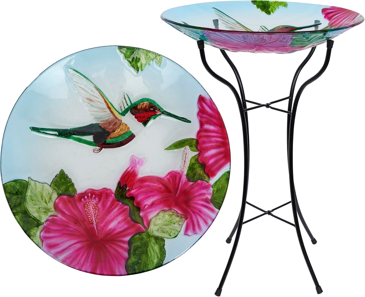 18" Multicolor Glass Birdbath with Metal Stand and Hummingbird Design