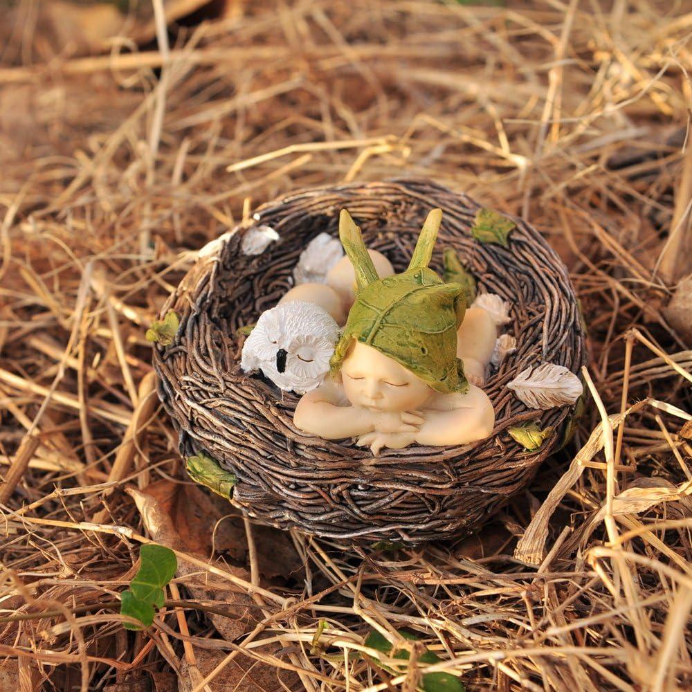 Top Collection 4202 Sleeping Fairy Baby with Owl in Nest Figurines, White, Brown, Cream, Green