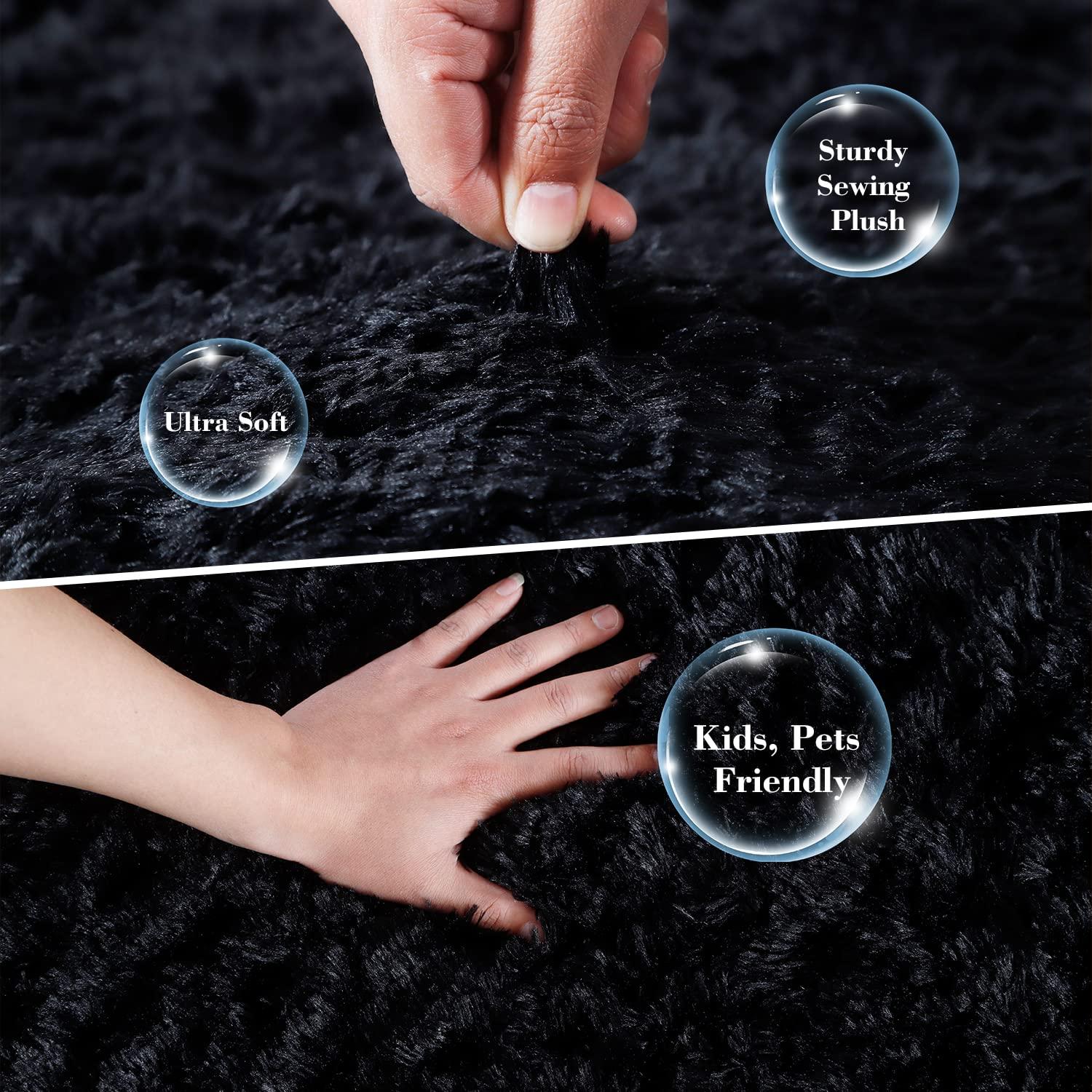 HT Design Rectengular Shag Area Rug, 5x7 Solid Color Low Pile Shag, Easy to clean, Pet Friendly, Soft Nursery Runner Rug for Living Rooms, Bedrooms, Black