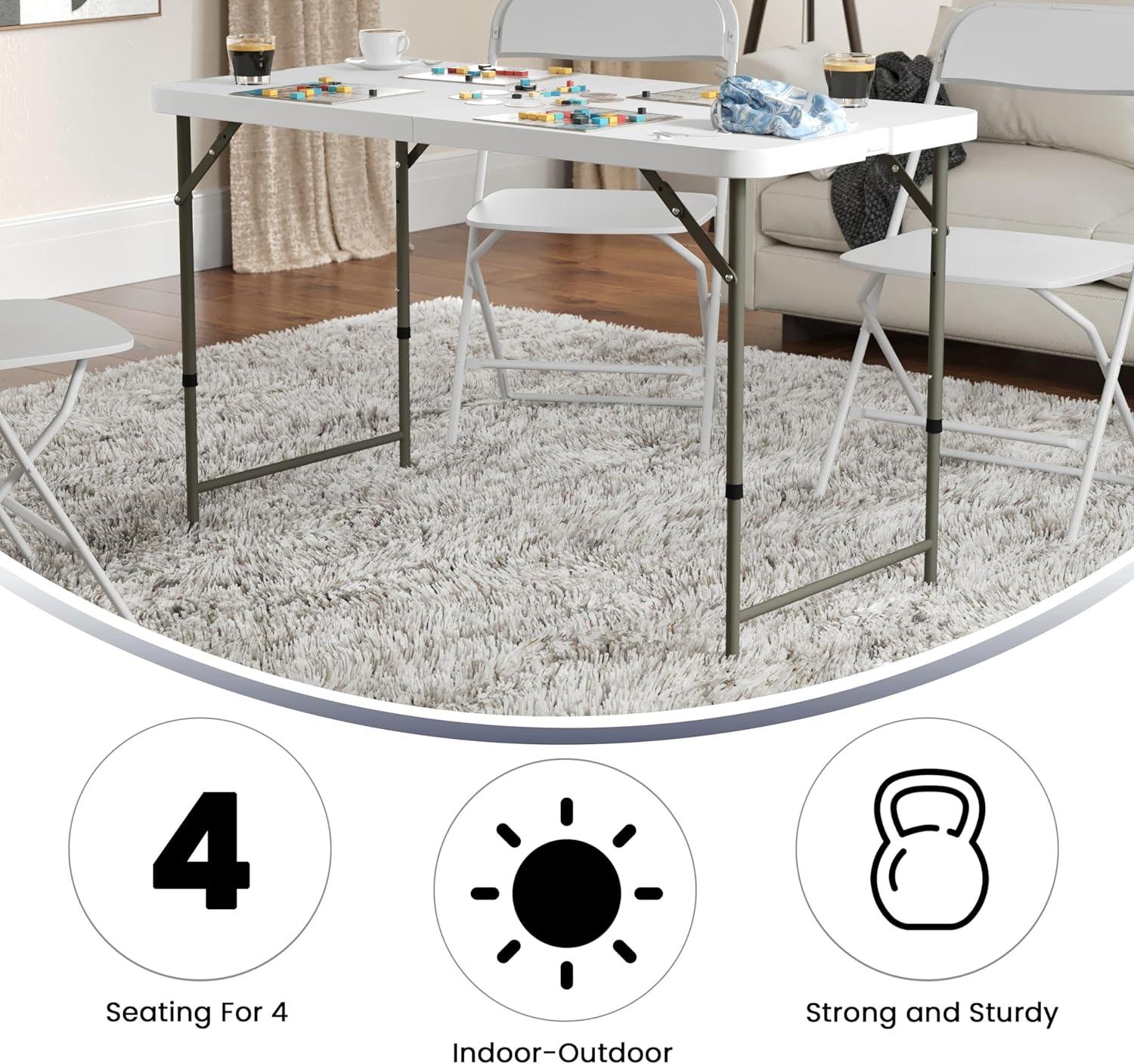 4' Rectangular Height Adjustable Indoor/Outdoor Plastic Folding Event Table, White