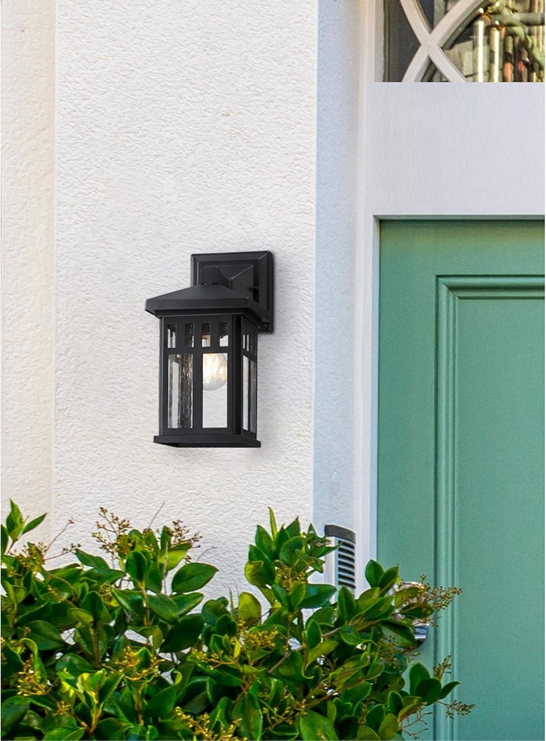 Textured Black Craftsman Outdoor Wall Sconce with Seeded Glass