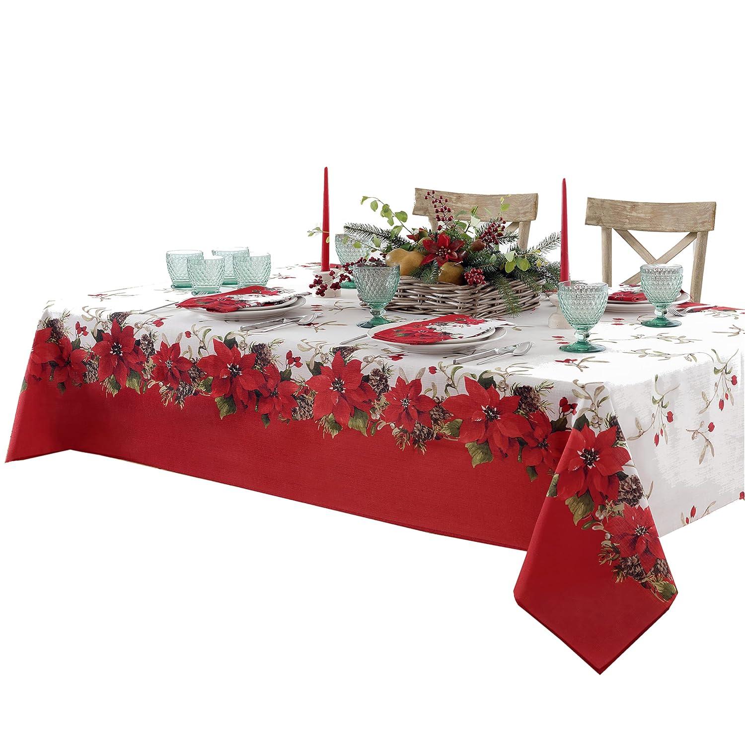 Newbridge Christmas Blooming Poinsettia’s Double Bordered 52 x 52 inch Square Fabric Tablecloth, Holiday Red and White Poinsettia Dining Table Cover