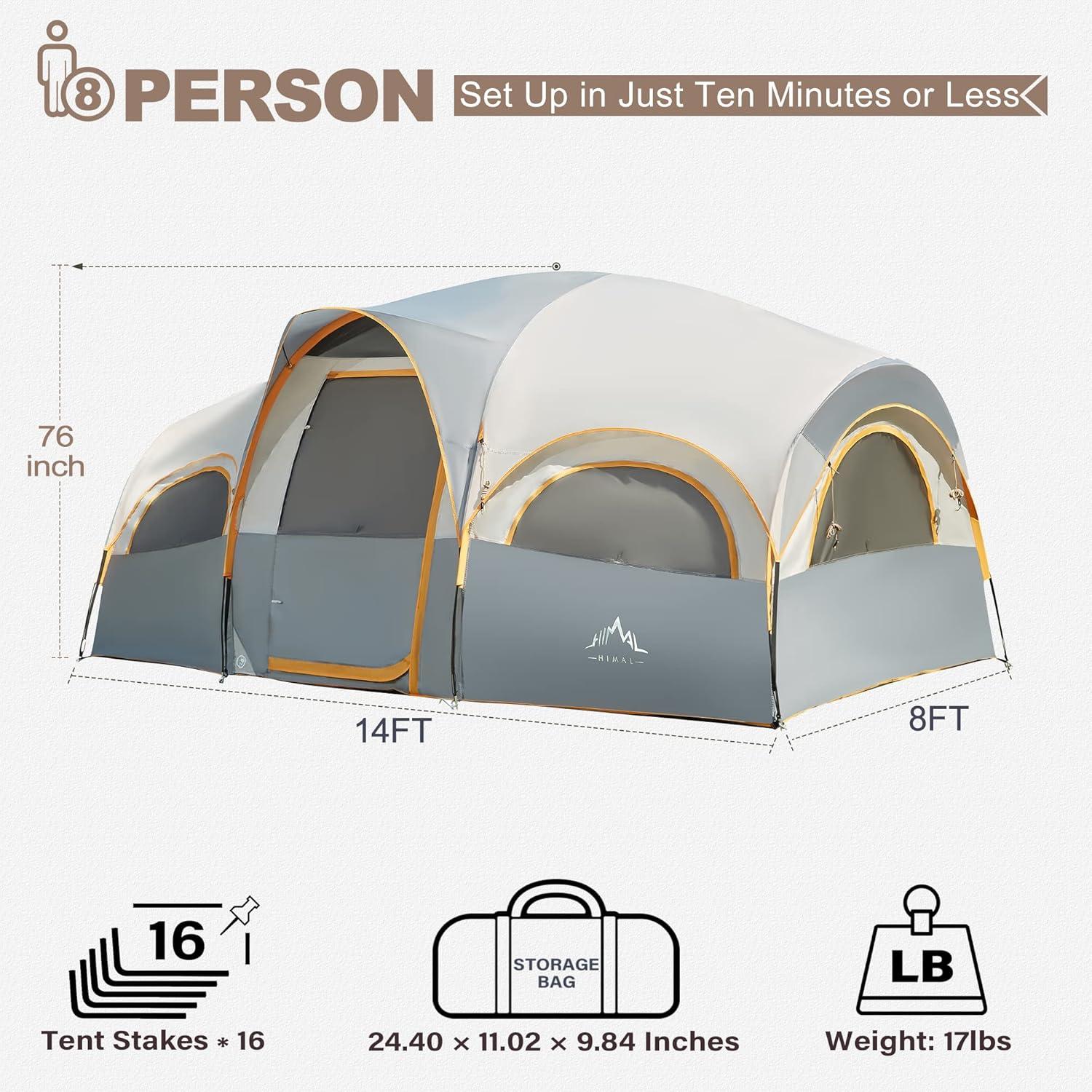 Gray 8-Person Four Season Polyester Camping Tent with Carry Bag